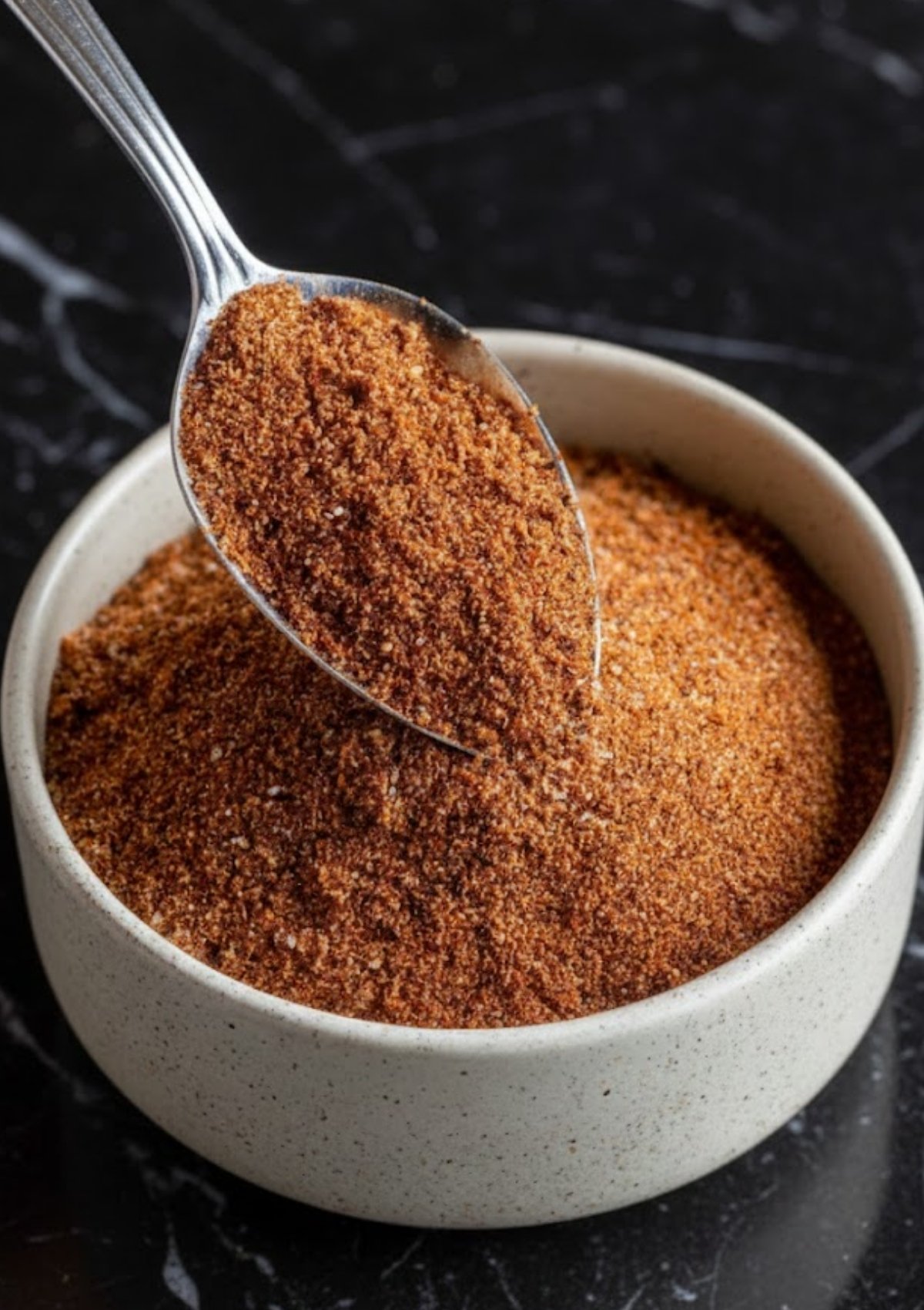 Spoon lifting homemade smoked ham rub ready for seasoning ham