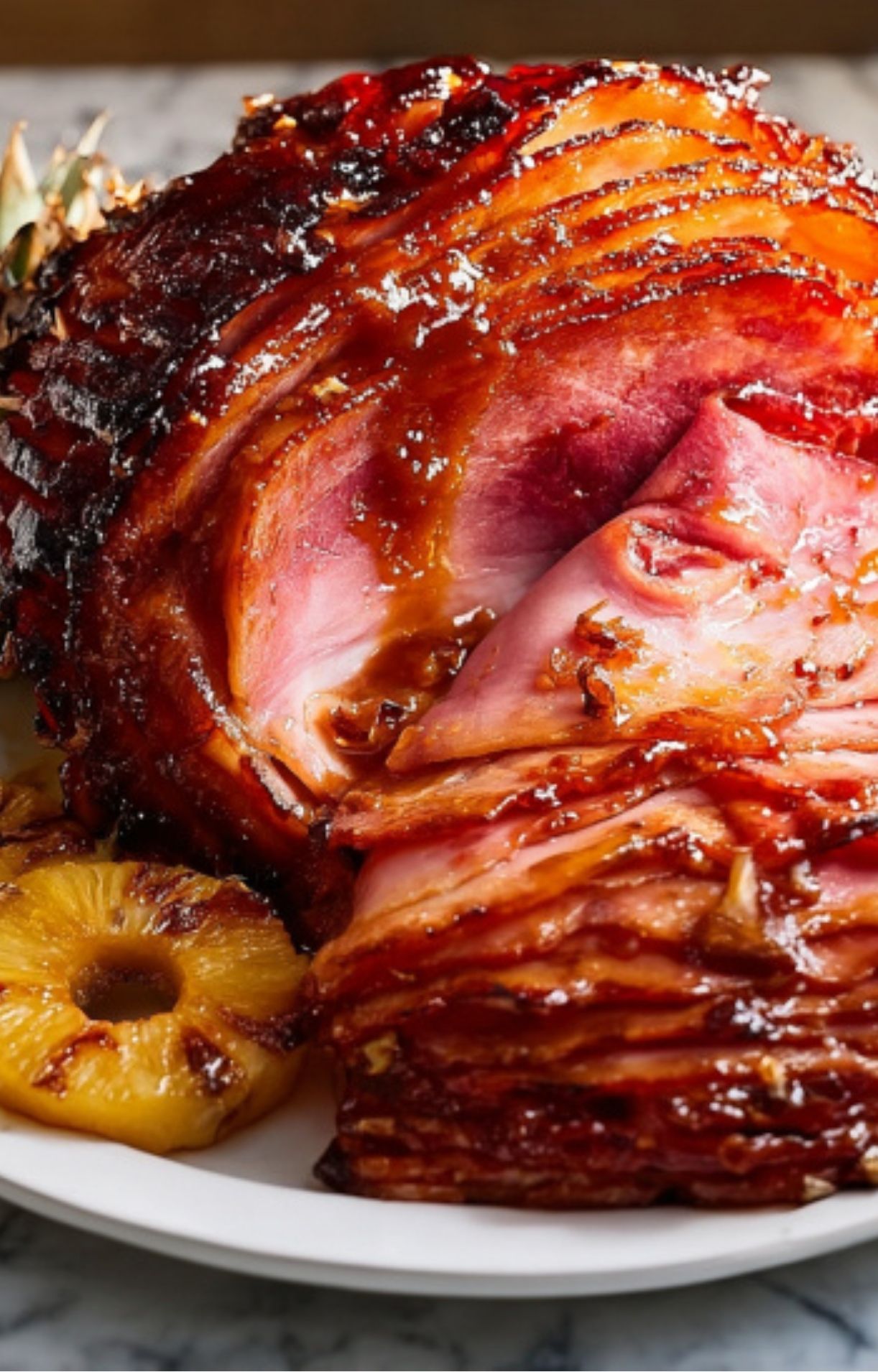 Sliced smoked ham with glazed pineapple, ready to serve for holidays or Sunday dinner