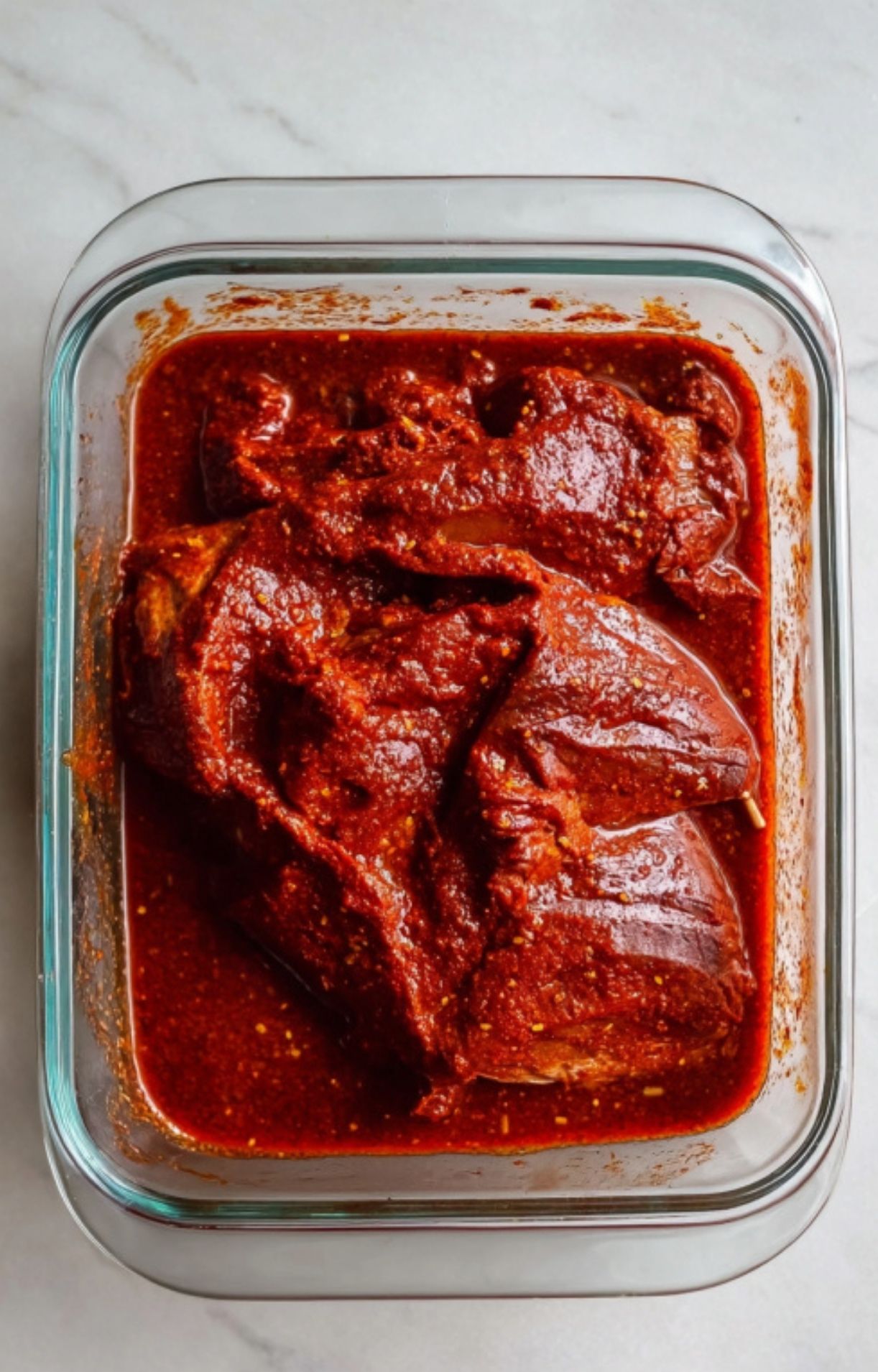 A large cut of beef submerged in a thick, bright red chili adobo marinade in a glass container.