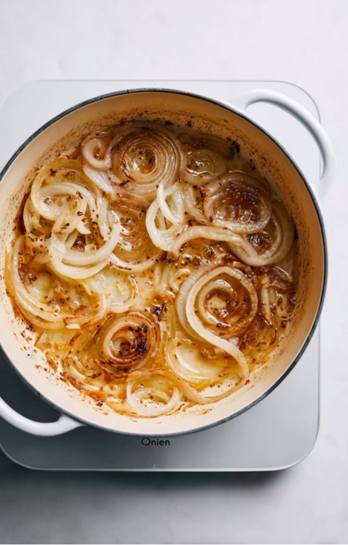 Large rings of white onions browning in a Dutch oven with oil and spices to create a flavor base.
