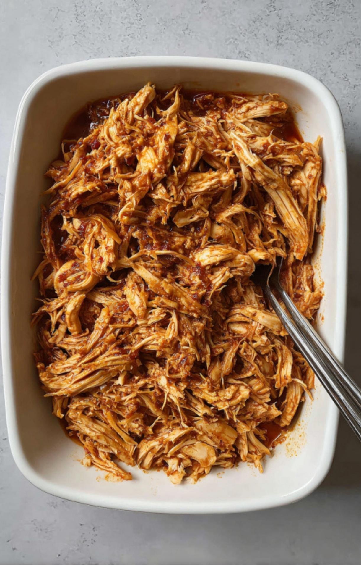 Tender, cooked chicken shredded into thin strips in a white dish.