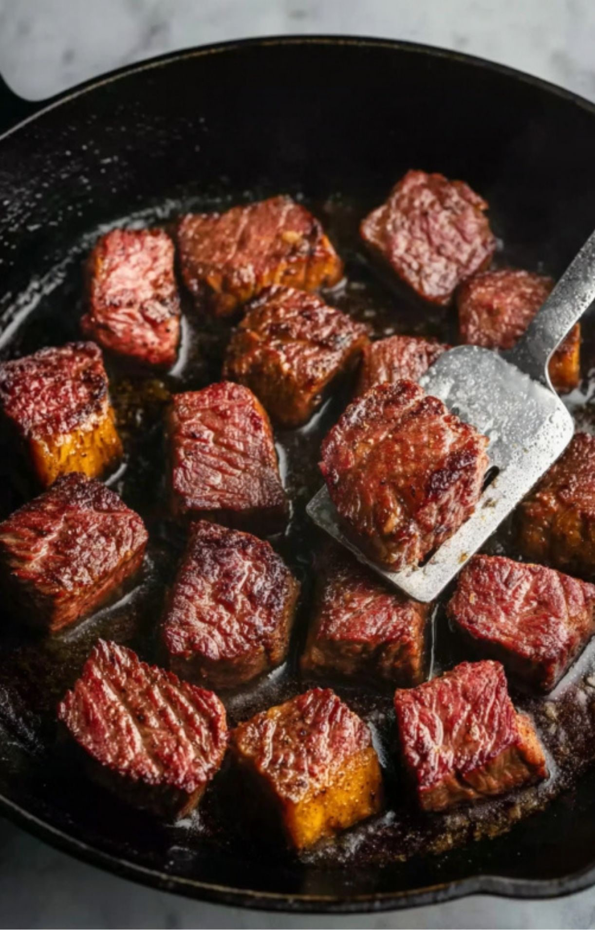 Cubed chuck roast being browned in a cast-iron skillet to develop a rich, caramelized crust.