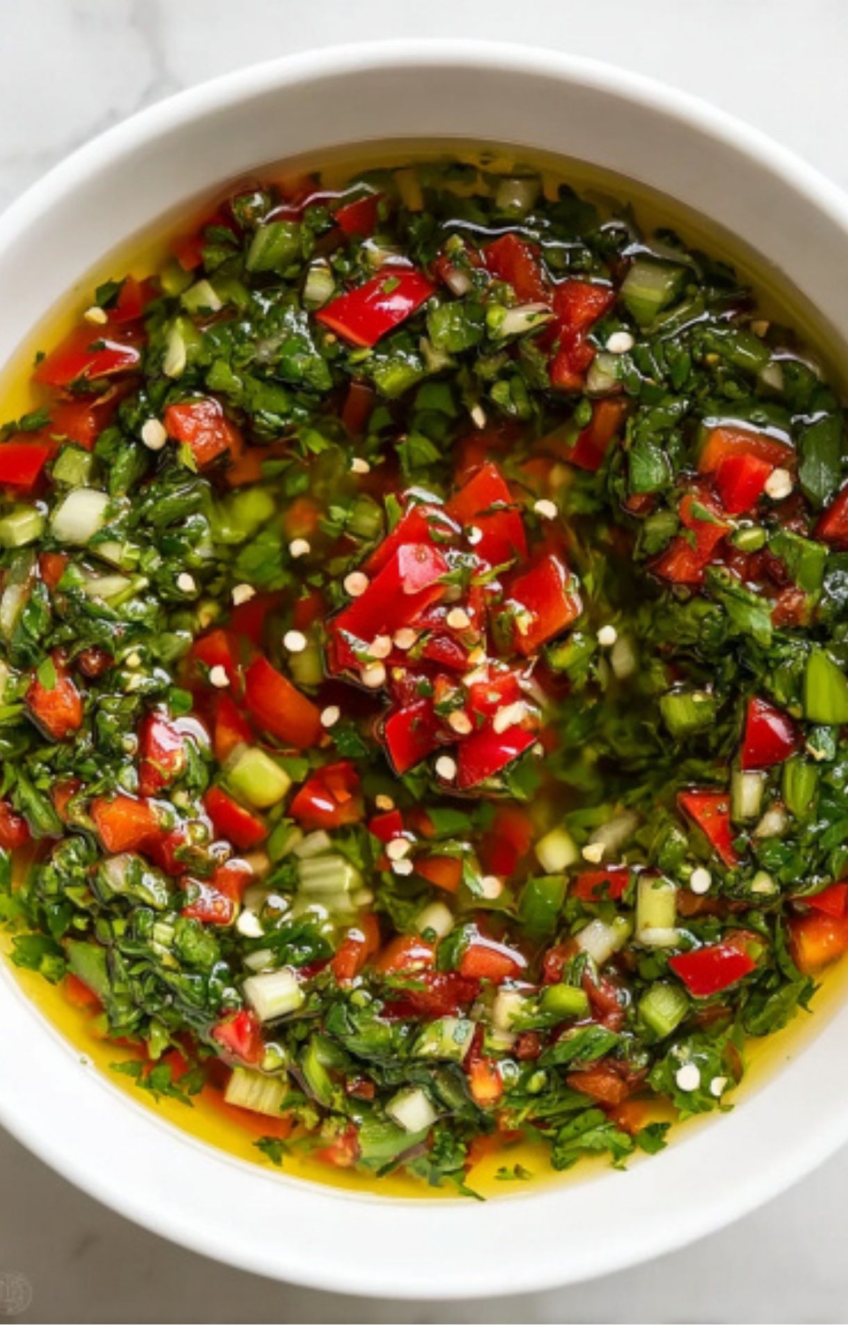 Closeup of chunky chimichurri sauce with herbs, red peppers, and olive oil in a white bowl.