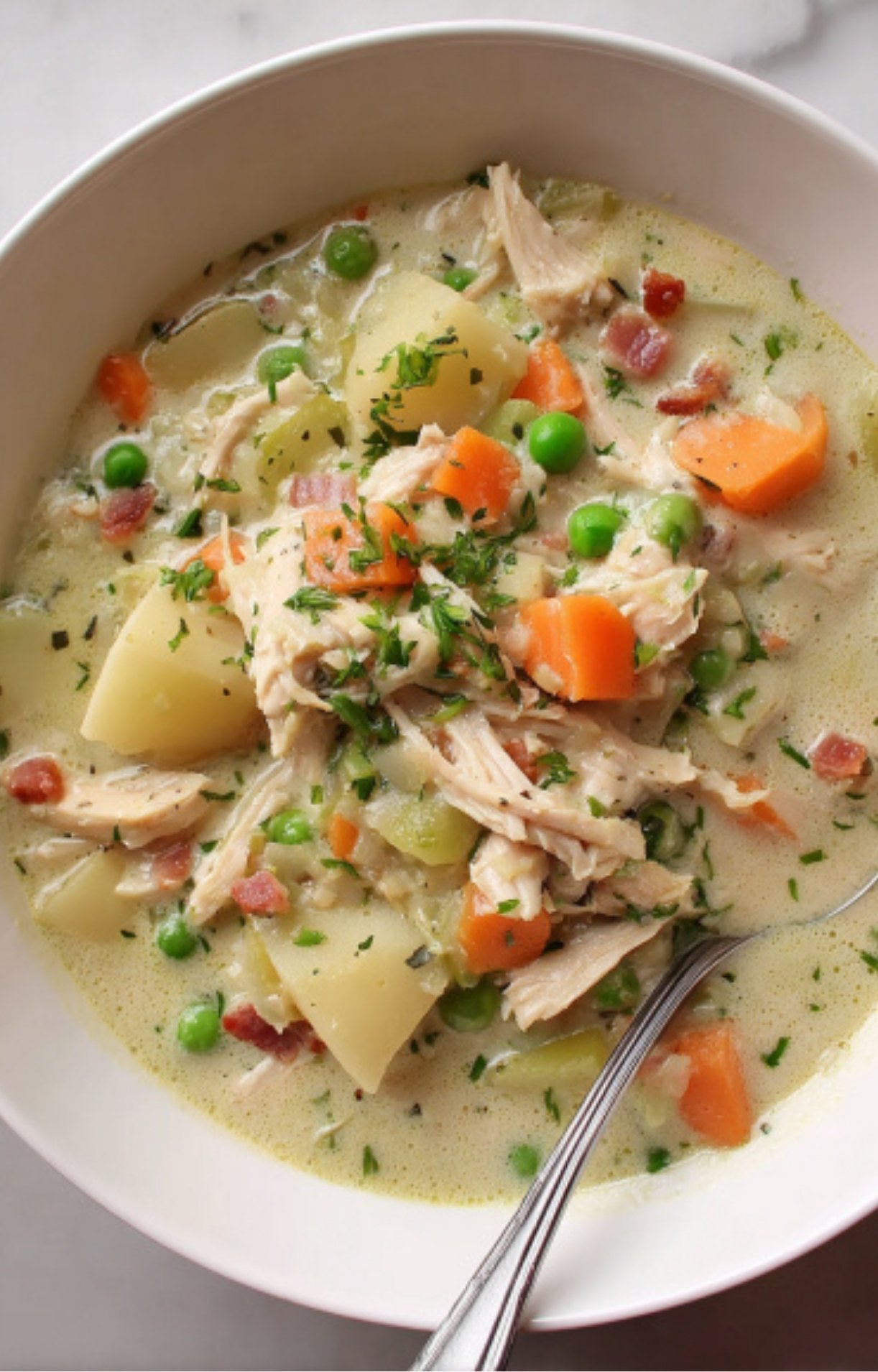 A detailed close-up of a bowl of Turkey Pot Pie Soup, highlighting the thick texture and colorful mix of peas, carrots, and herbs.