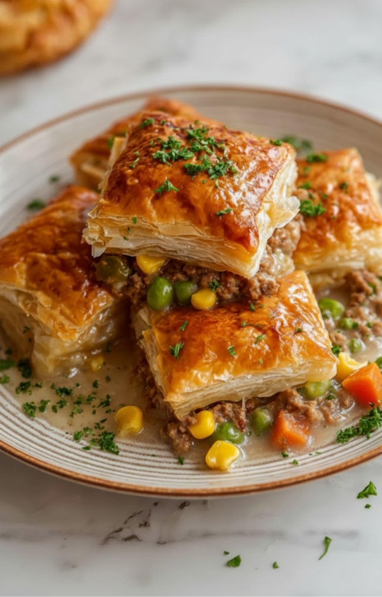 A single serving of the pot pie on a striped plate, showing stacked layers of crispy puff pastry and a rich, hearty ground turkey filling with peas and corn.