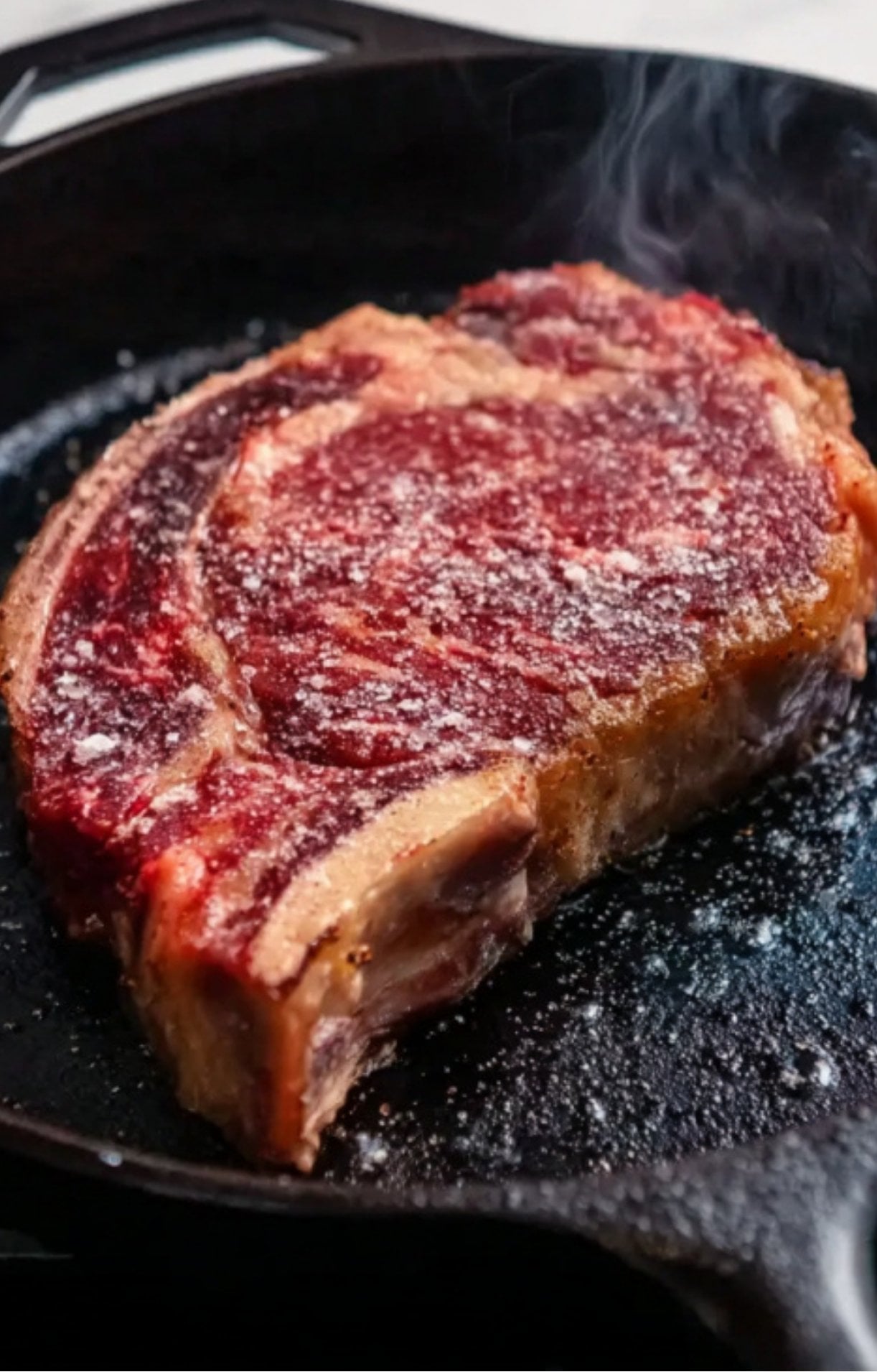 A raw, seasoned rib eye steak beginning to sear in a black cast iron skillet for an oven-finished recipe.