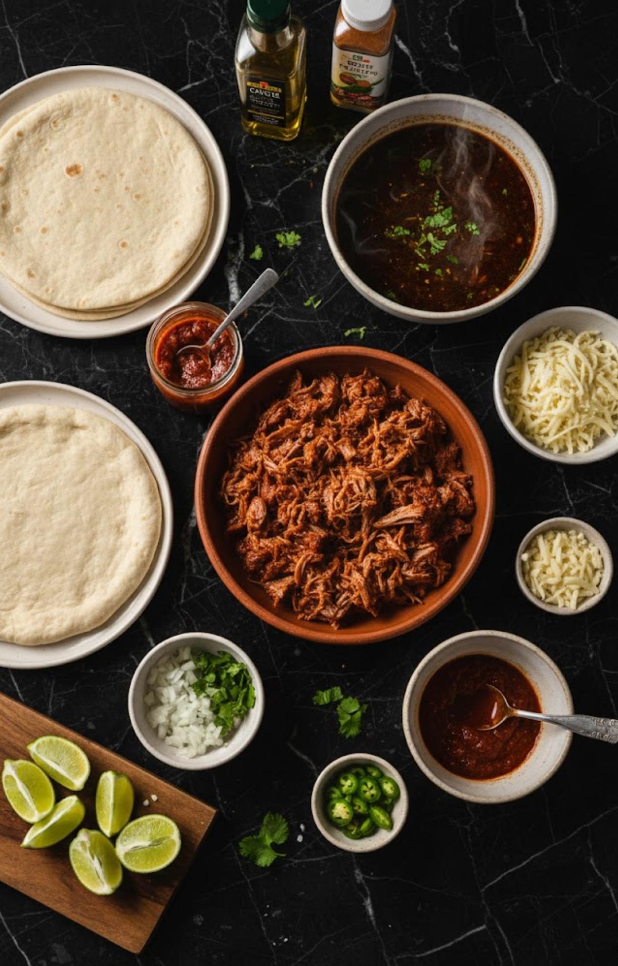 An overhead view of pizza dough, shredded birria beef, consommé, cheese, and fresh toppings.