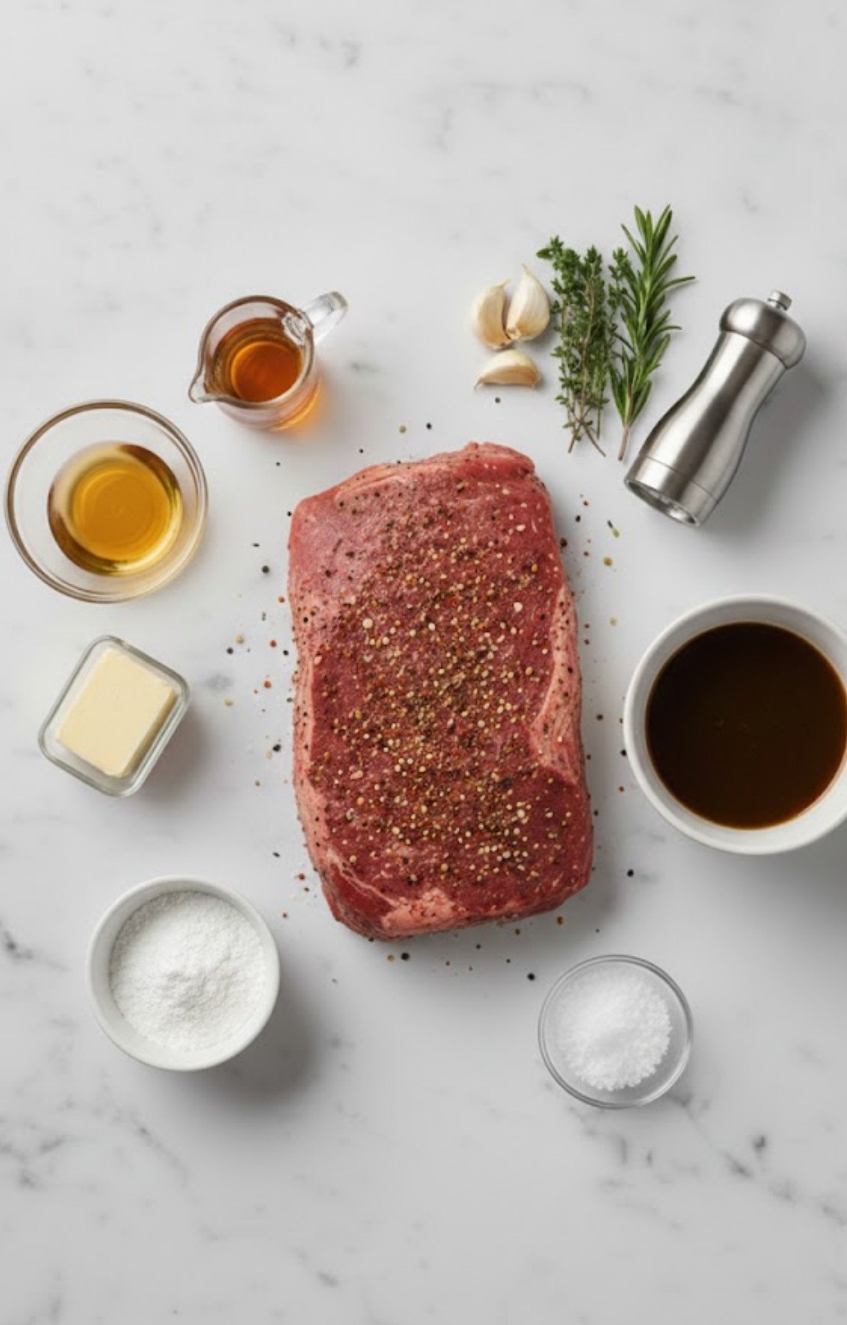 A flat lay of raw chuck roast, garlic cloves, fresh rosemary and thyme, butter, beef broth, salt, pepper, and oils on a marble surface.