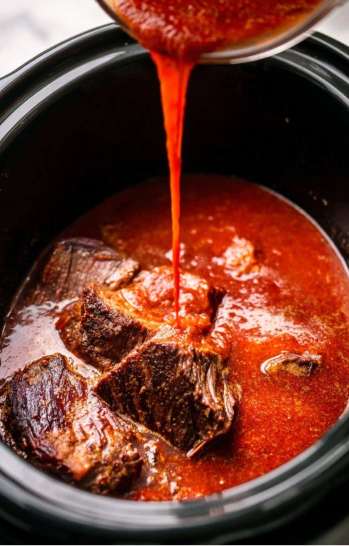 Bright red chili sauce being poured over the seared beef in a slow cooker to begin the Crockpot Birria Tacos braising process.
