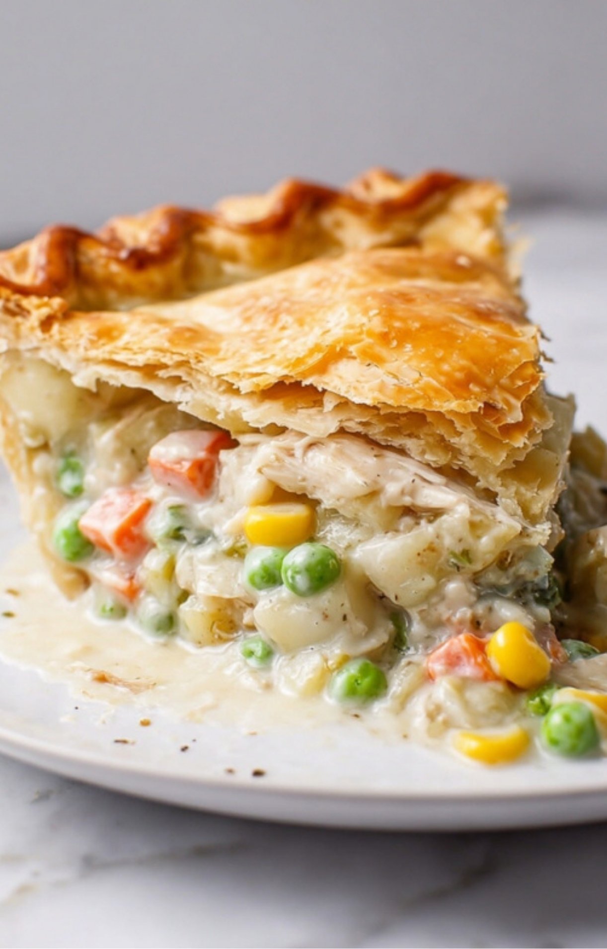 A close-up slice of Easy Turkey Pot Pie showing the thick, creamy filling with turkey, peas, corn, and carrots under a flaky crust.
