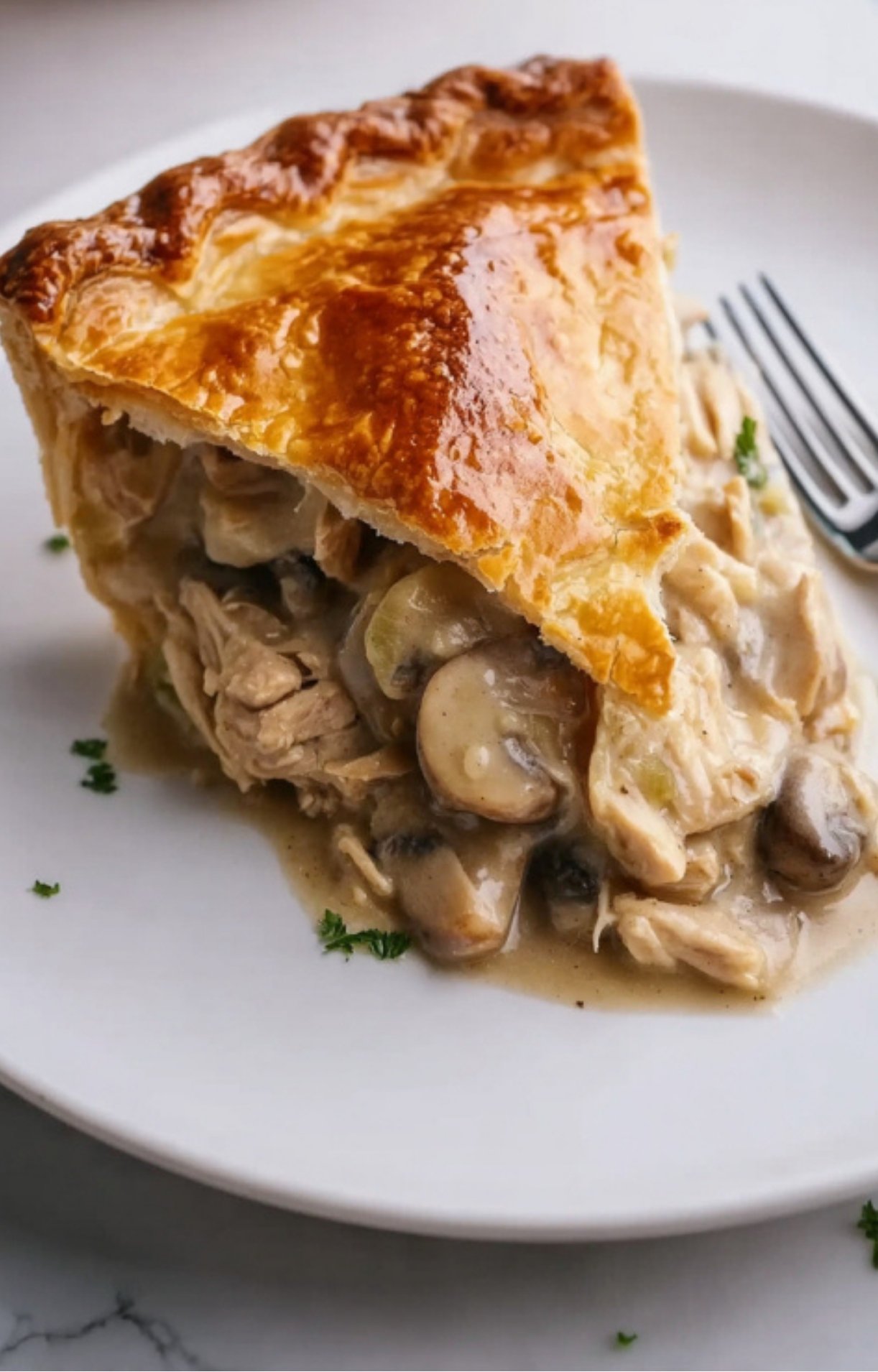 A close-up side view of a pot pie slice on a plate, highlighting the chunky turkey pieces and savory mushroom gravy under a crisp crust.