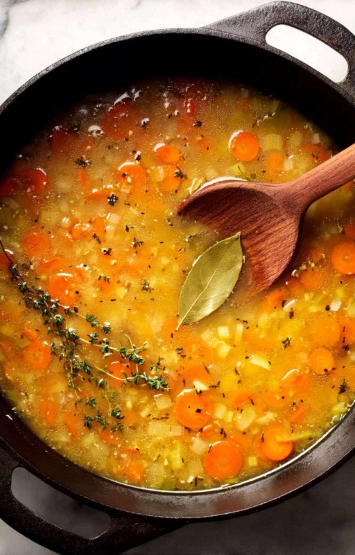 Fresh thyme sprigs and a bay leaf simmering in a vegetable broth with carrots and celery for Gluten Free Turkey Pot Pie.