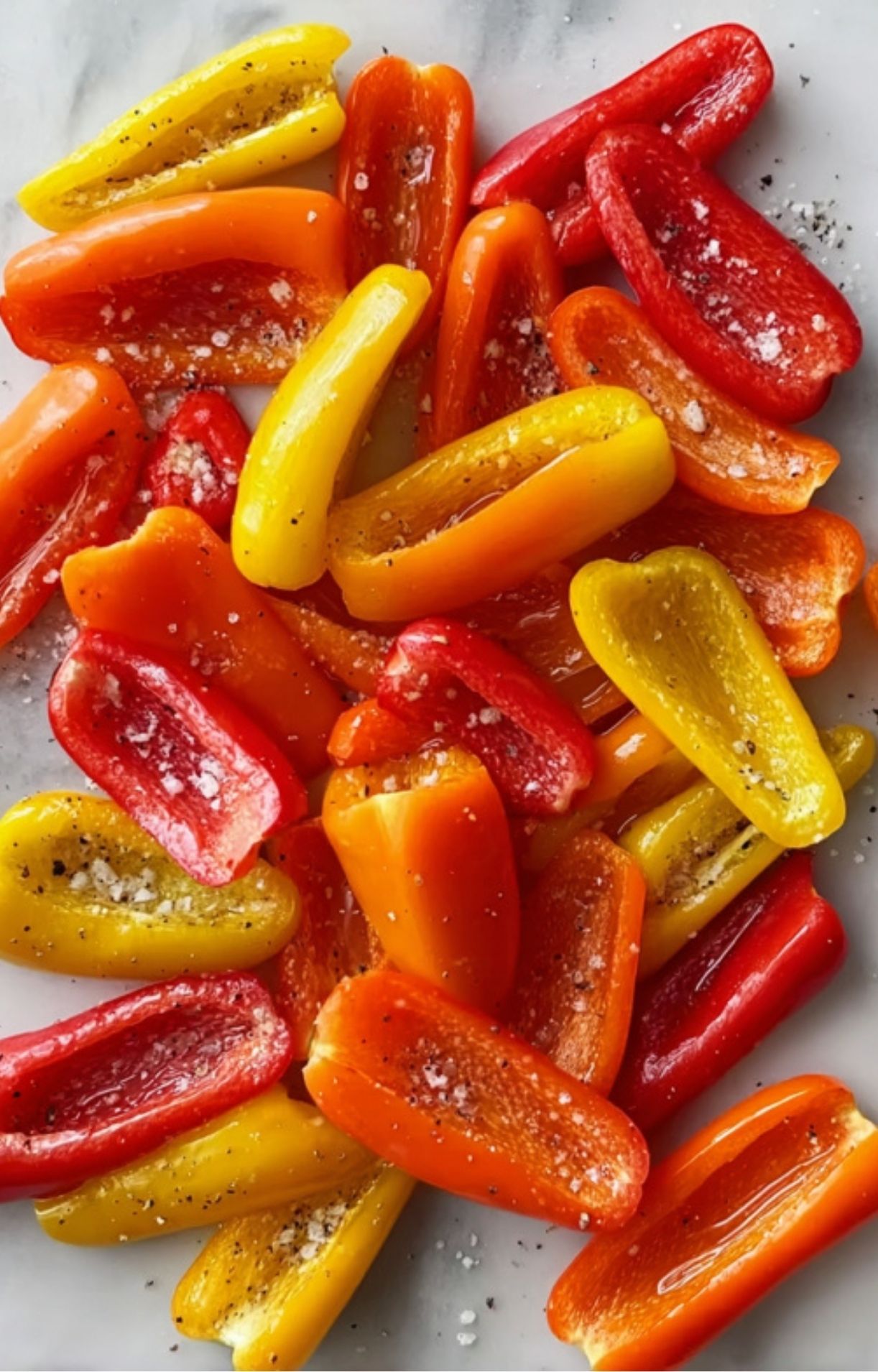 Red, yellow, and orange sweet mini peppers seasoned with salt and pepper, ready for grilling.