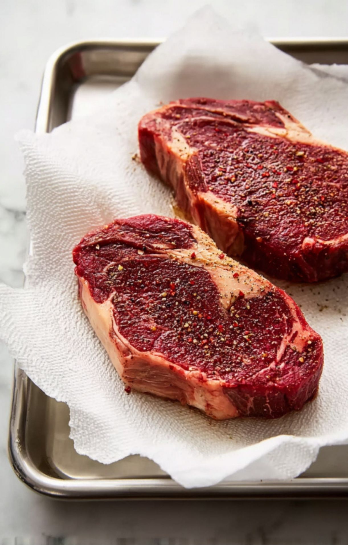 Seasoned steaks resting on paper towels over a baking sheet to ensure the surface is dry for a better sear.