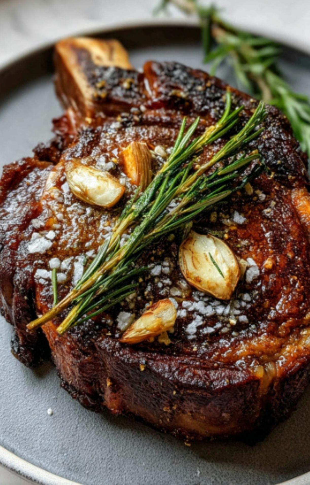 A whole, perfectly browned cast iron rib eye steak garnished with flaky sea salt, roasted garlic cloves, and a sprig of rosemary.