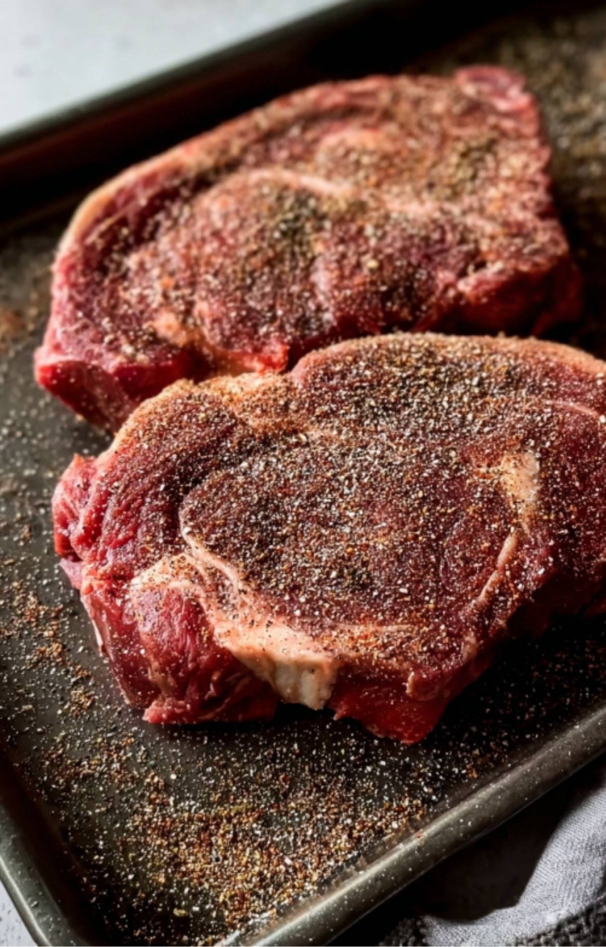 Two raw ribeye steaks generously coated on both sides with a thick layer of salt, pepper, and garlic-based dry rub on a baking sheet.