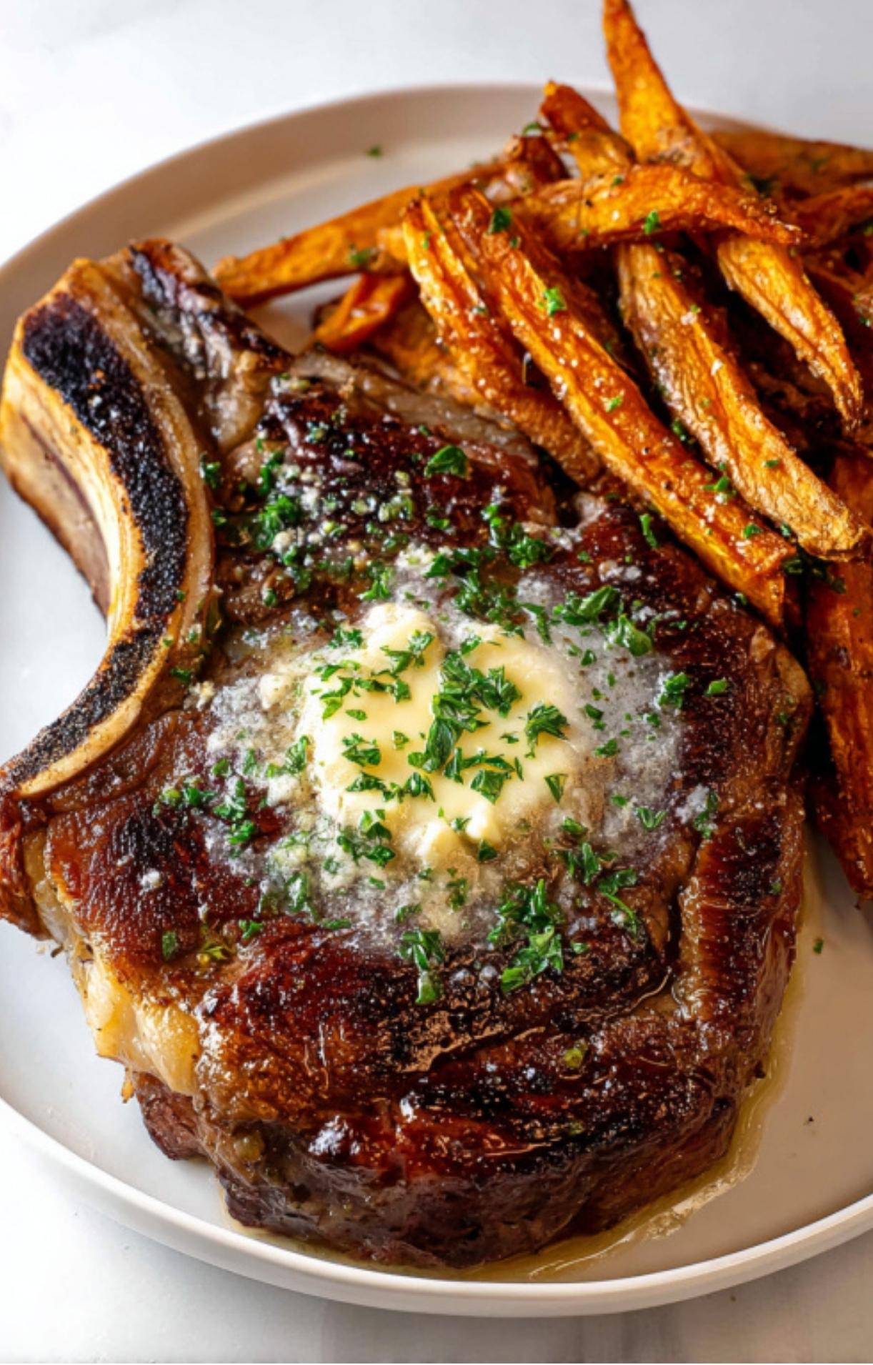 A close-up plate featuring a juicy bone-in rib eye steak with a golden crust and melting herb butter, served alongside crispy roasted sweet potato fries.