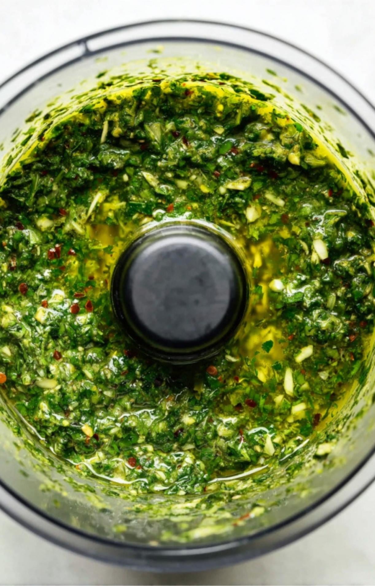 Bright green chimichurri sauce blended in a food processor, full of fresh herbs and olive oil