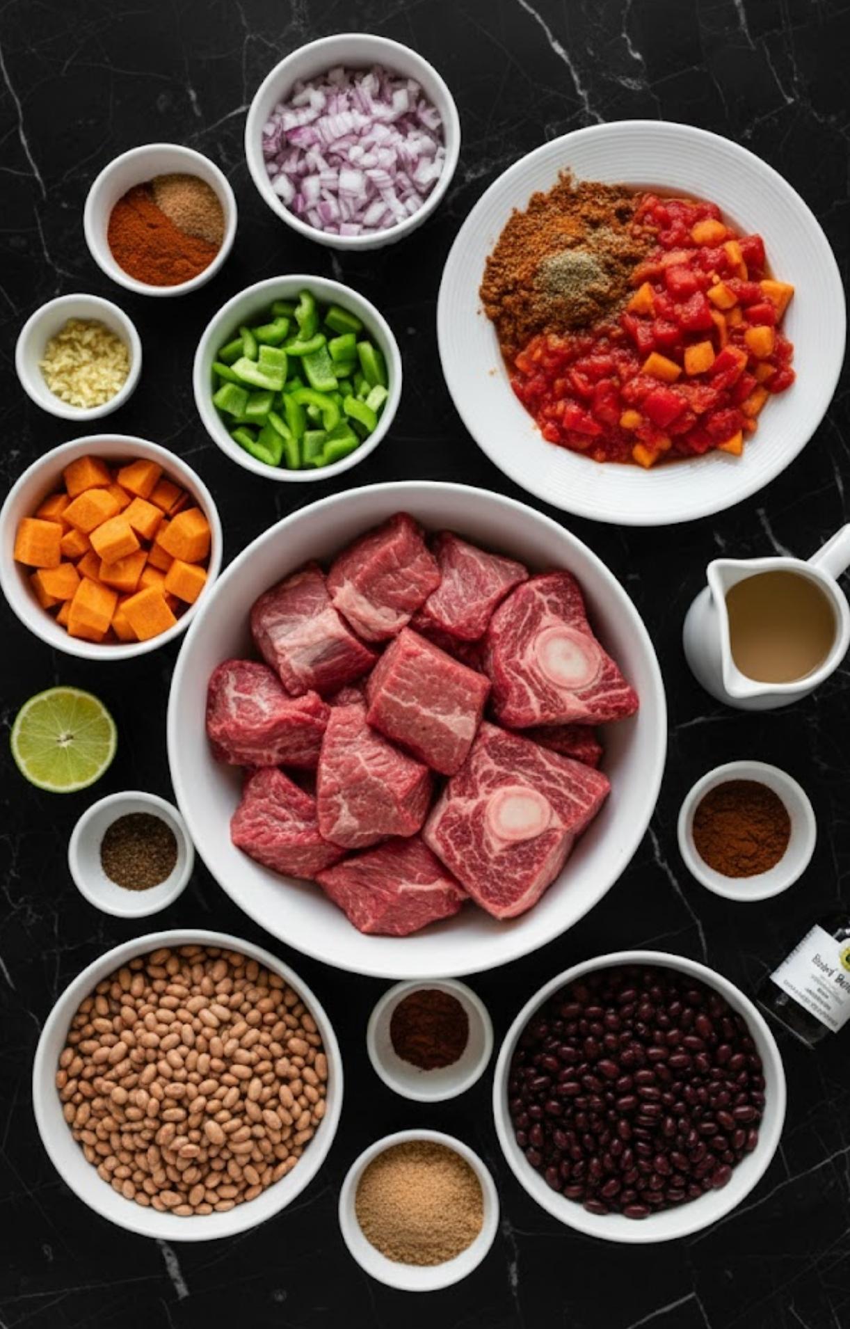 A flat-lay view of ingredients including cubed raw beef, pinto and black beans, diced sweet potatoes, green peppers, onions, and various spices on a dark marble surface.