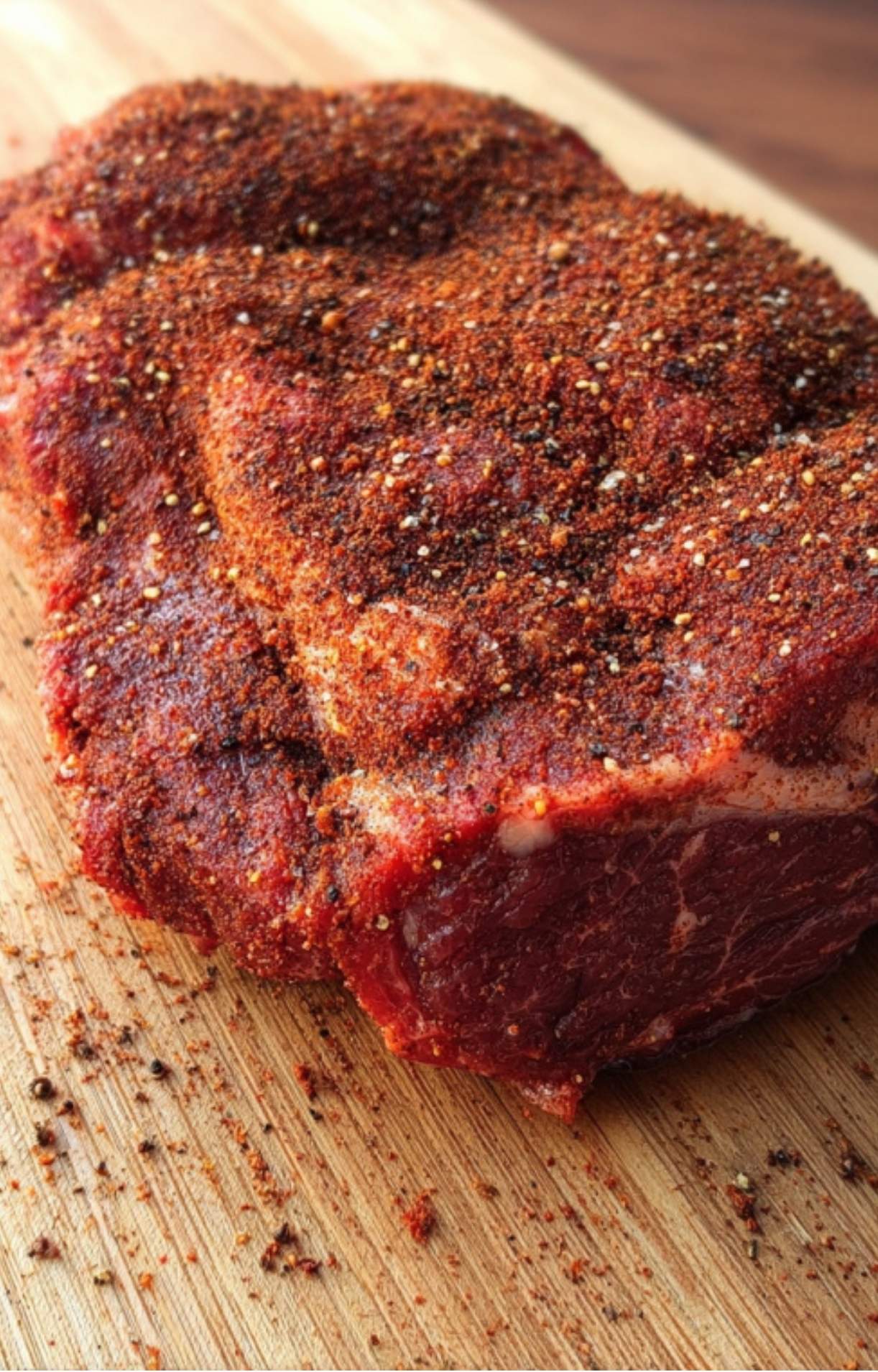 A raw beef chuck roast heavily coated in a red spice rub on a wooden cutting board.