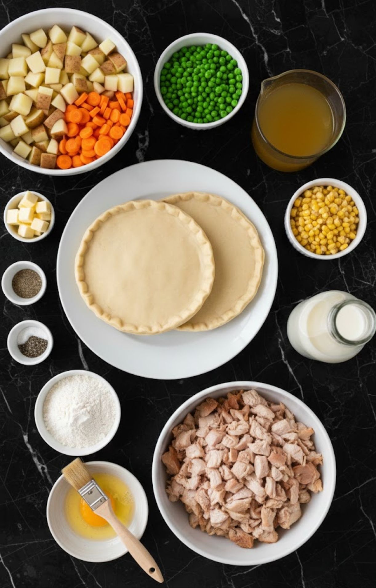 A top-down view of ingredients for Easy Turkey Pot Pie including cubed turkey, potatoes, carrots, peas, corn, pie crusts, flour, butter, broth, and an egg wash.