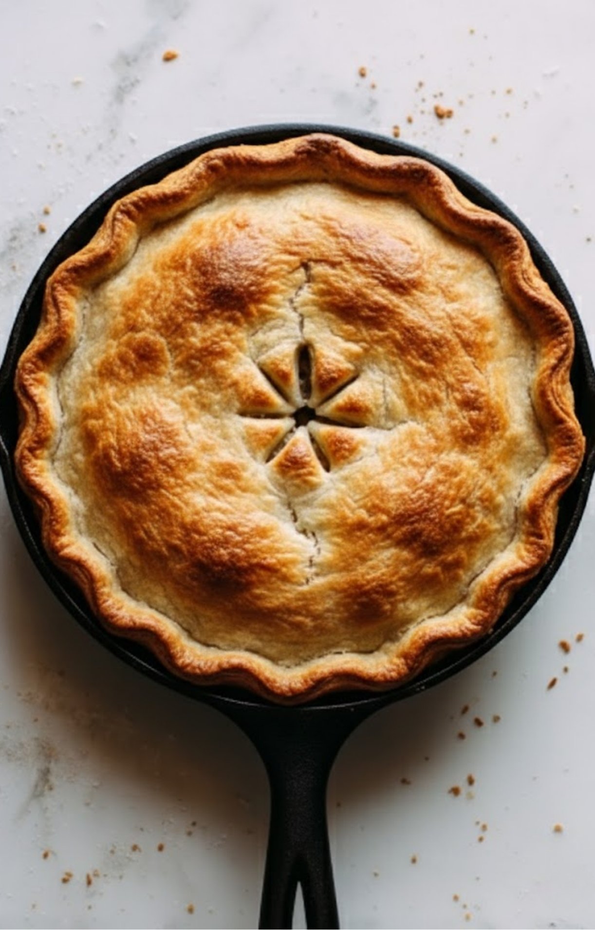 A top-down view of a perfectly golden-brown, flaky pot pie crust in a cast-iron skillet with a visible center vent.