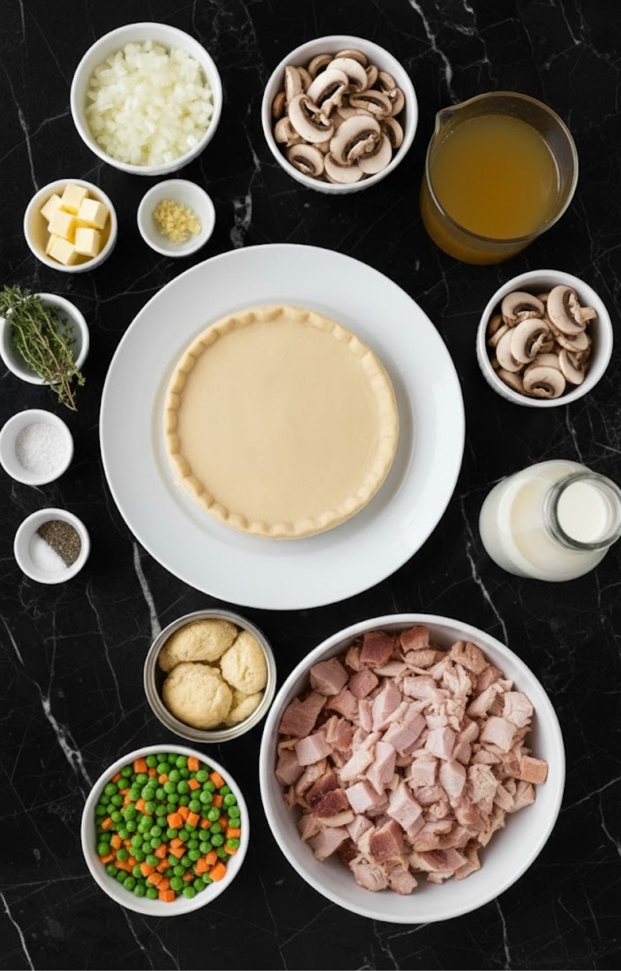 A flat lay arrangement of ingredients including chopped turkey, peas and carrots, sliced mushrooms, onions, flour, butter, broth, milk, and herbs on a black marble surface.