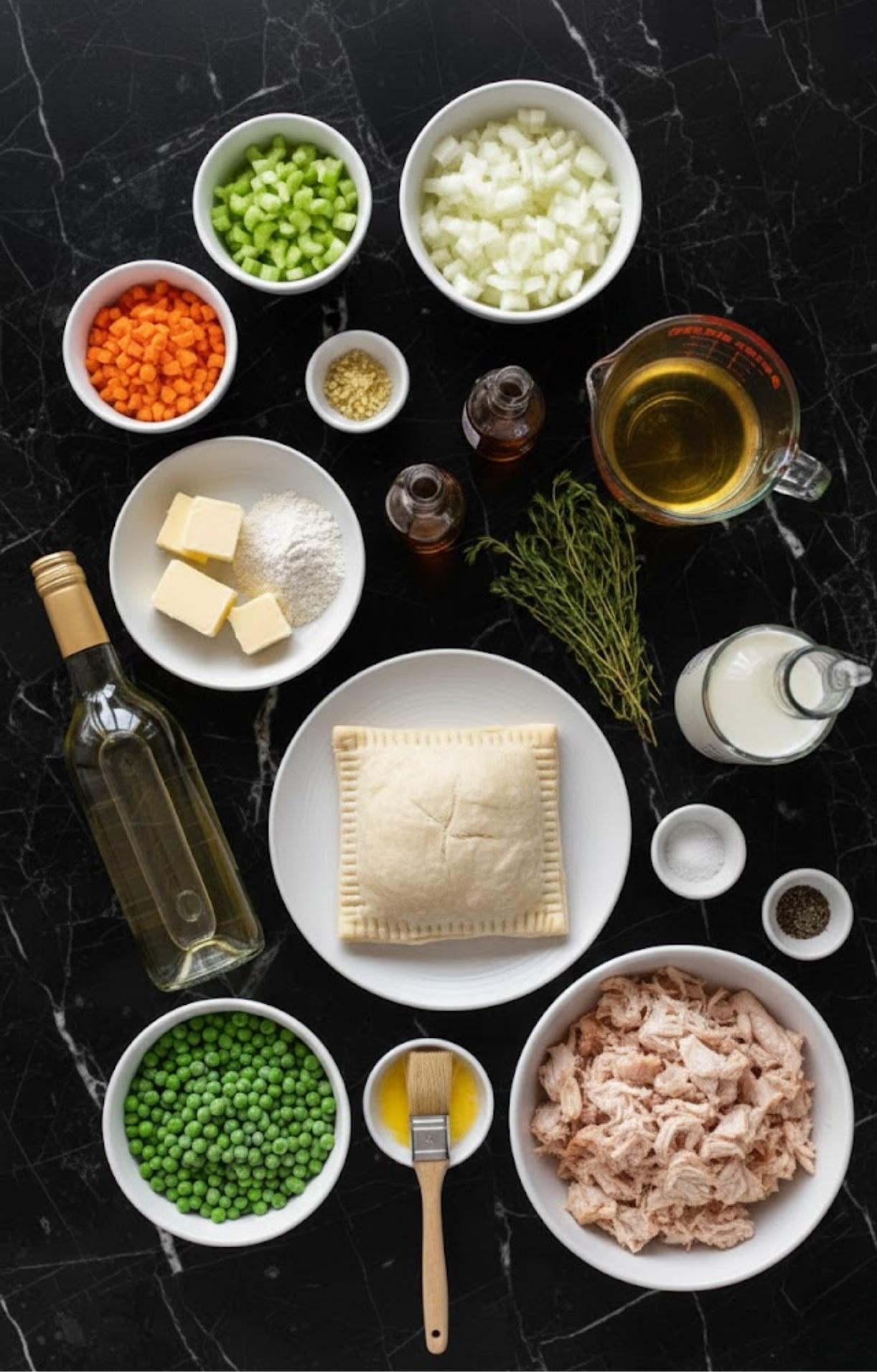 A top-down view of ingredients on a dark marble surface, including shredded turkey, green peas, mirepoix vegetables, puff pastry, butter, flour, stock, and herbs.