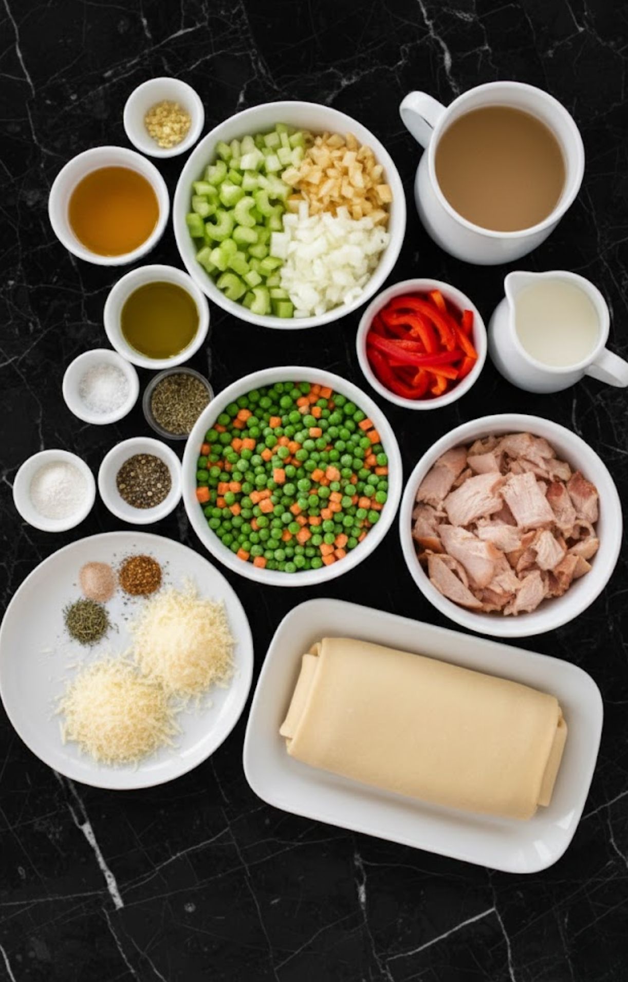 An overhead view of bowls containing turkey, peas, carrots, broth, cream, and crescent dough for making Turkey Pot Pie with Crescent Rolls.