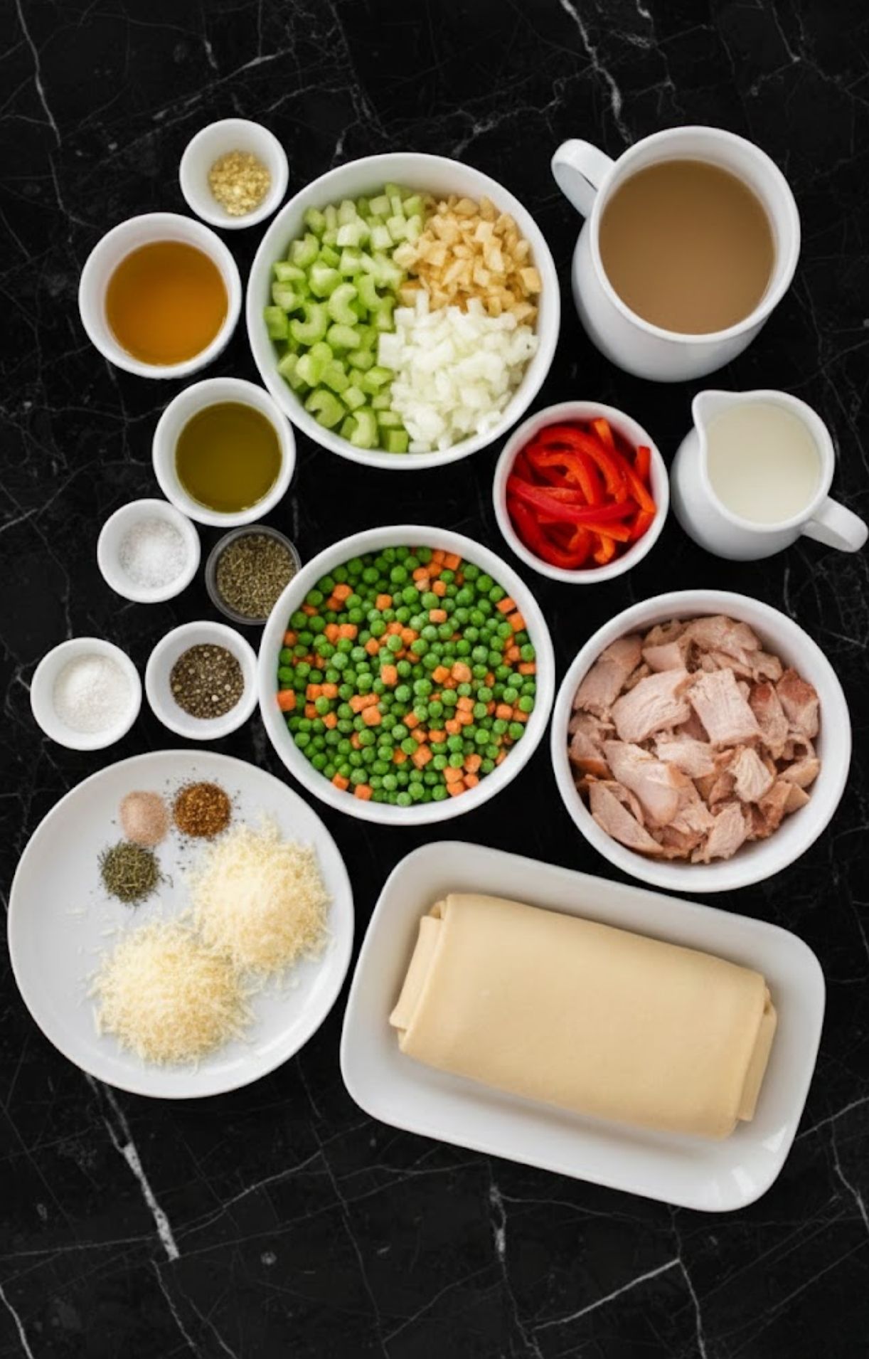 A top-down view of various prepped ingredients for Mini Turkey Pot Pies including chopped celery, onions, peas and carrots, shredded turkey, puff pastry, chicken broth, and spices on a black marble surface.