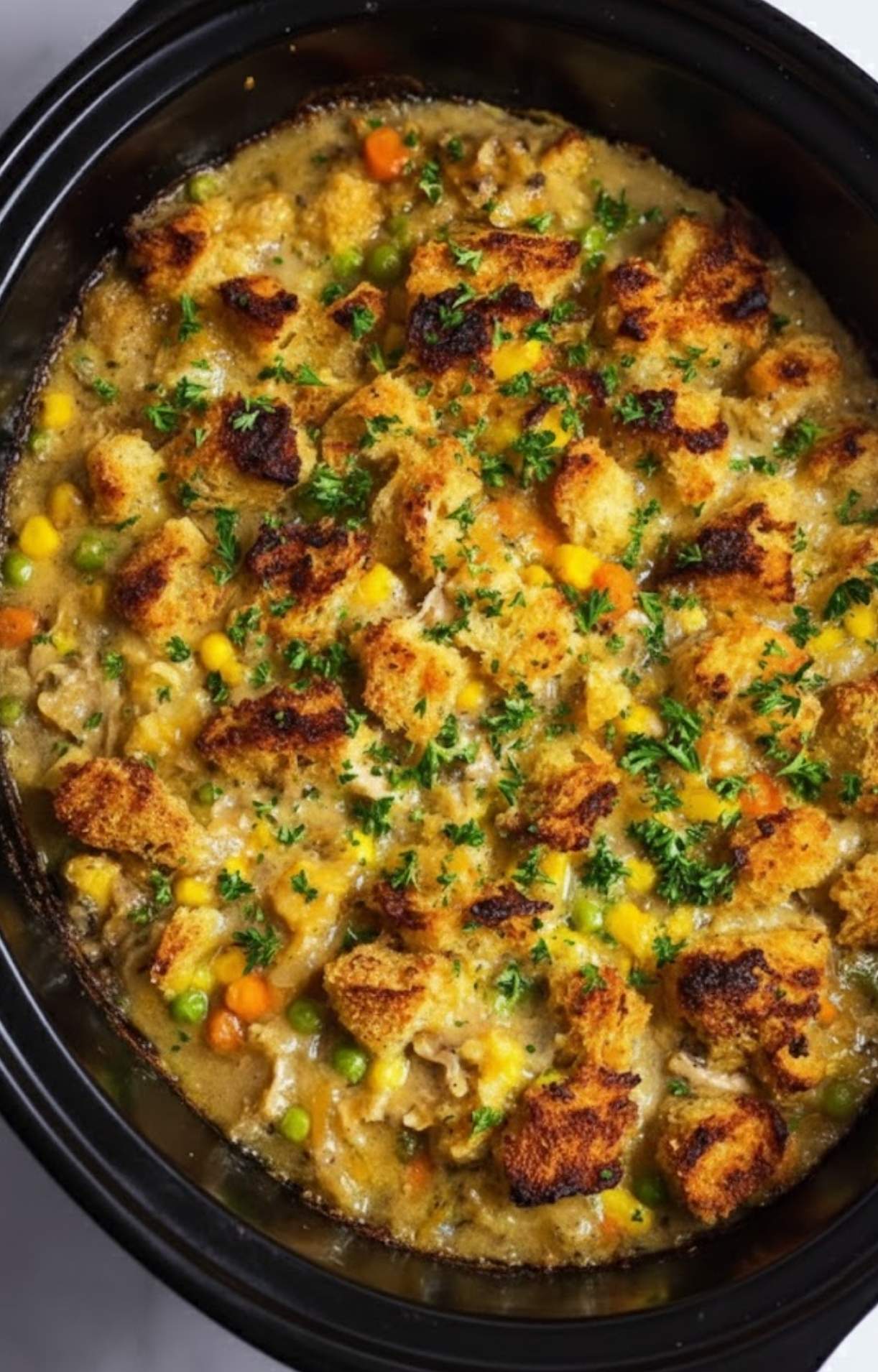 The completed pot pie inside the slow cooker featuring a golden-brown, toasted stuffing crust garnished with fresh parsley.