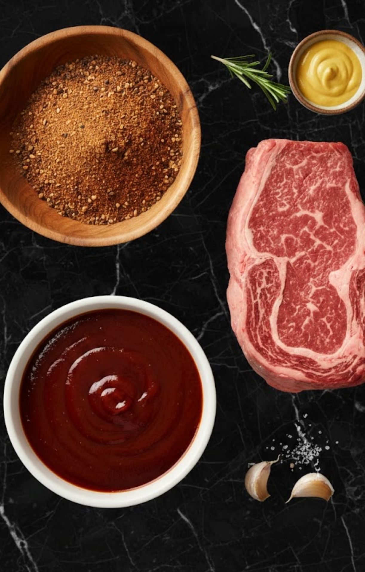 An overhead view of raw beef roast, a bowl of dry rub, a bowl of BBQ sauce, mustard, garlic cloves, and rosemary on a black marble surface.