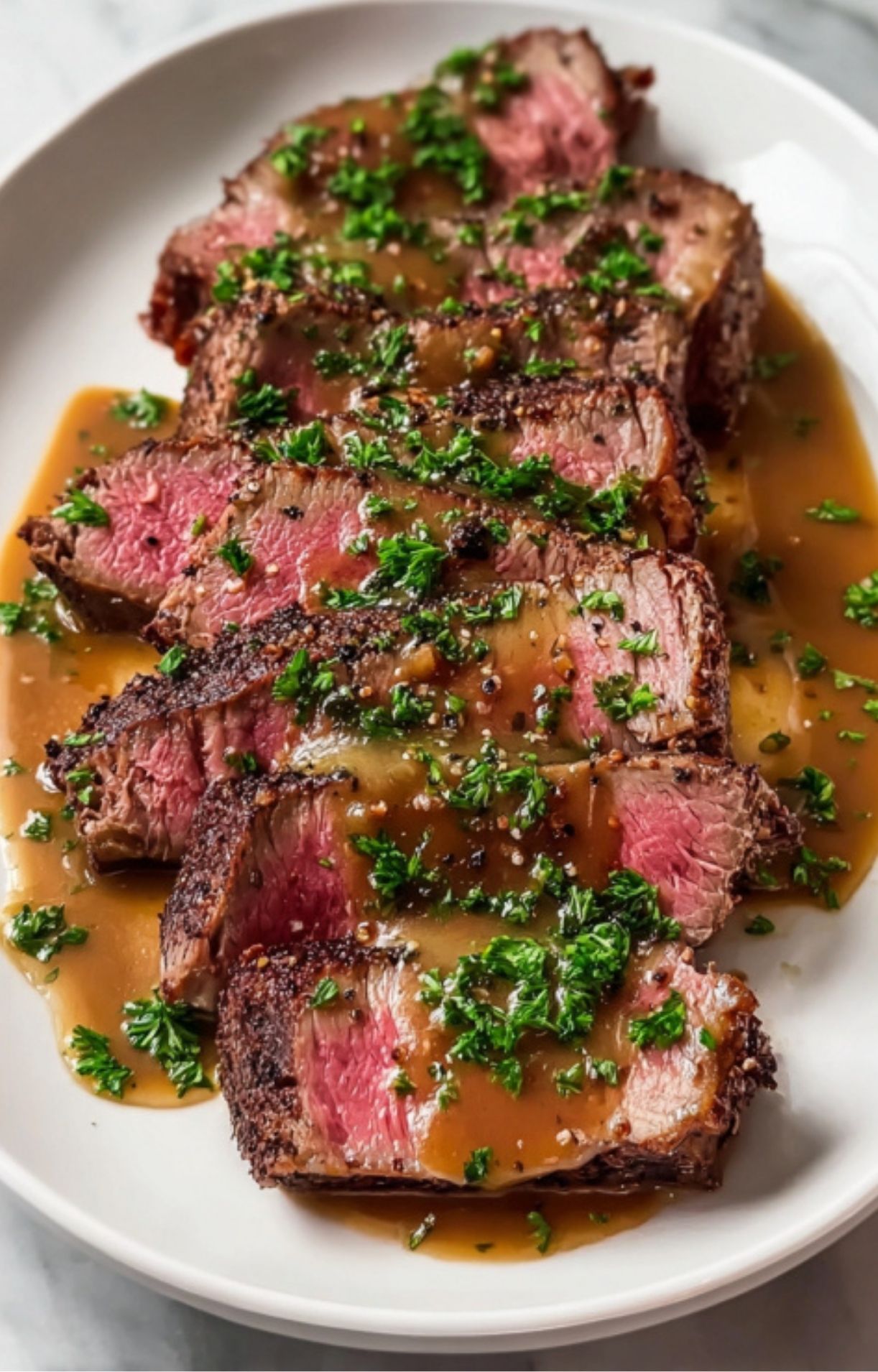 Sliced beef arranged on a white plate, generously covered in brown gravy and sprinkled with parsley.