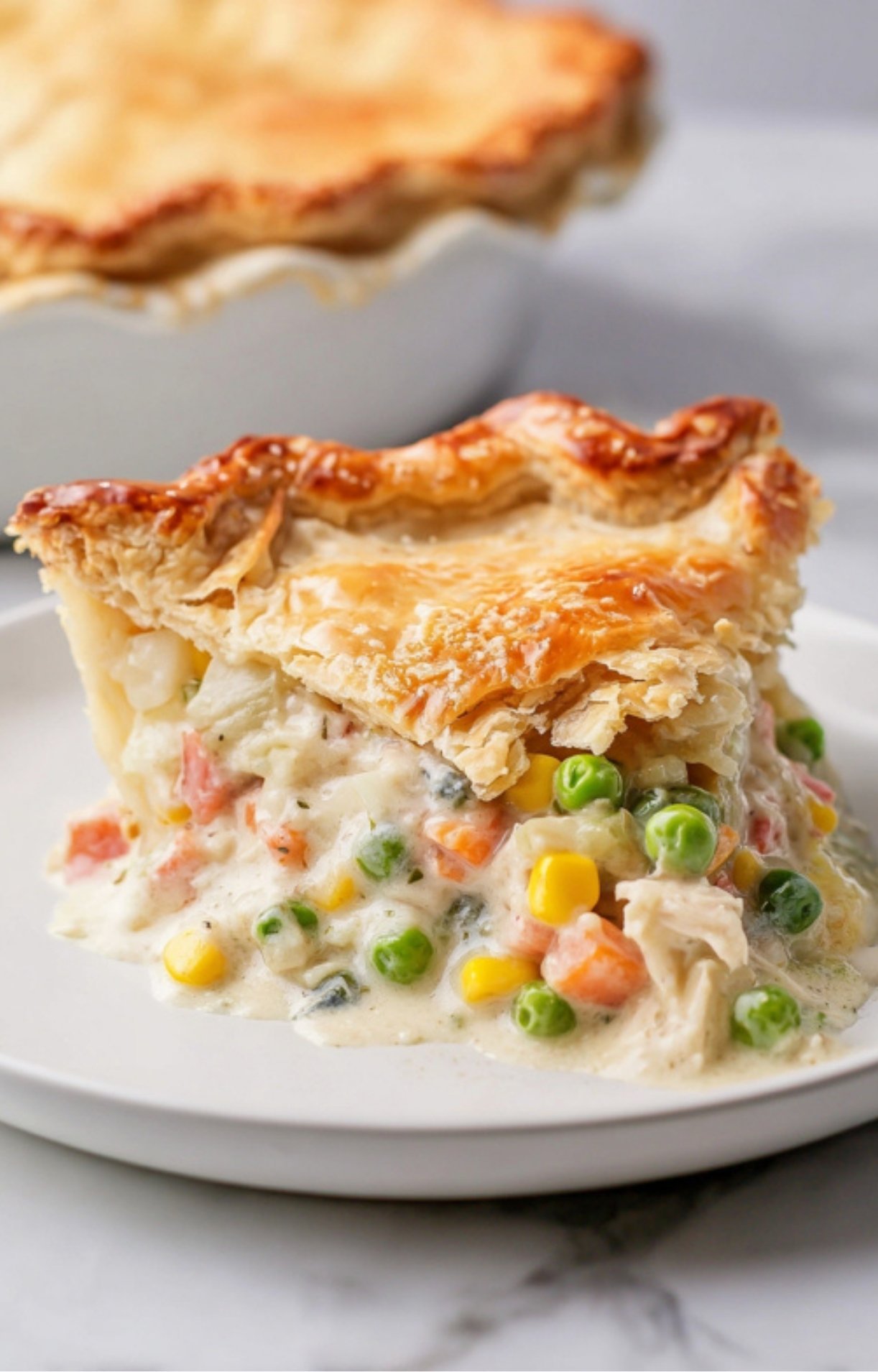 A close-up slice of Easy Turkey Pot Pie showing the thick, creamy filling with turkey, peas, corn, and carrots under a flaky crust.