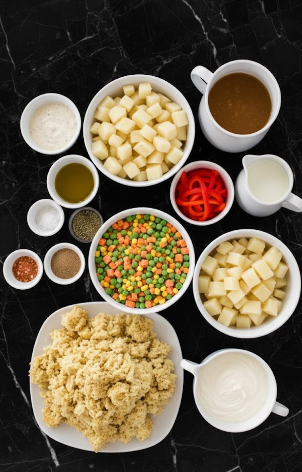 A flat-lay arrangement of bowls containing diced potatoes, mixed vegetables, shredded turkey, broth, cream, and stuffing mix on a black marble surface.