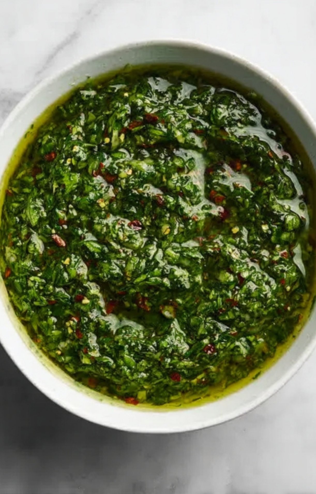 Fresh chimichurri sauce in a white bowl. Classic Argentinian sauce for steak, gluten free, dairy free, and bursting with summer flavor.