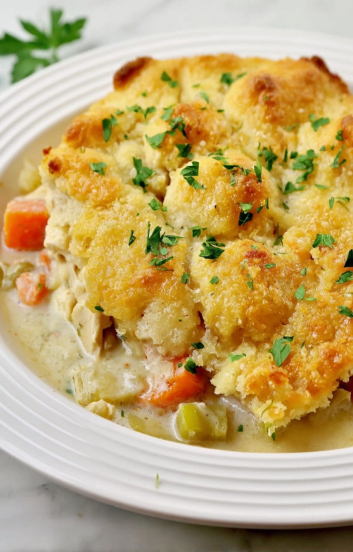 A close-up of a freshly baked keto turkey pot pie in a white bowl, showing a golden-brown, bubbly biscuit crust topped with chopped parsley and a creamy vegetable filling peeking out from the side.