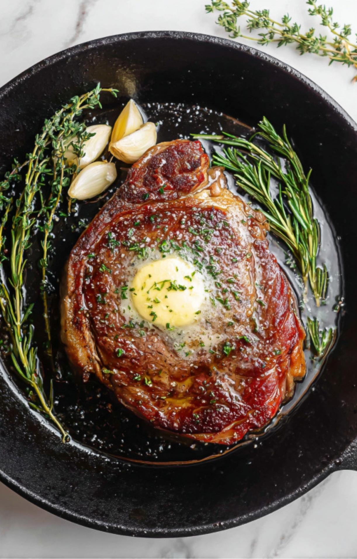The final stages of cooking a rib eye steak with melted herb butter, aromatic garlic, and fresh rosemary sprigs in a cast-iron pan.