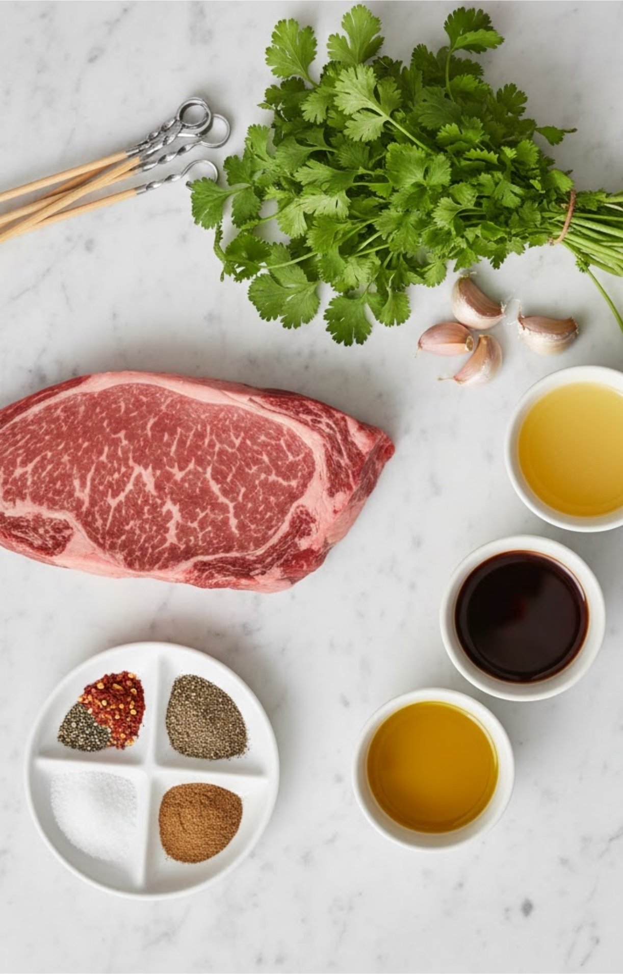 Overhead view of steak, herbs, garlic, seasonings, oil, and peppers arranged on a marble countertop.