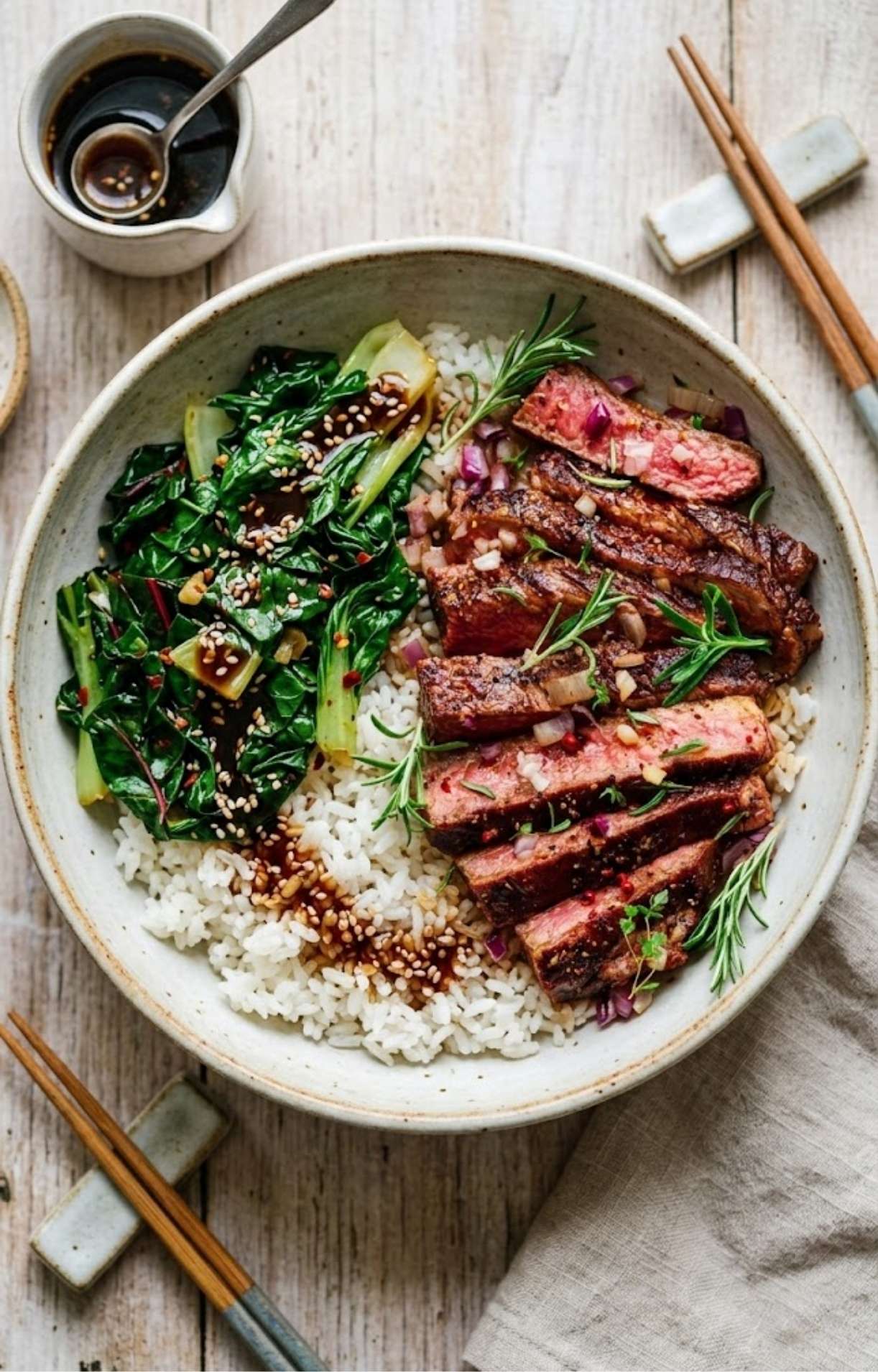 A top-down flat lay on a light wood surface featuring a ceramic bowl filled with jasmine rice, perfectly seared thin sliced rib eye steak, and sautéed bok choy with sesame seeds, served with chopsticks and dipping sauce.