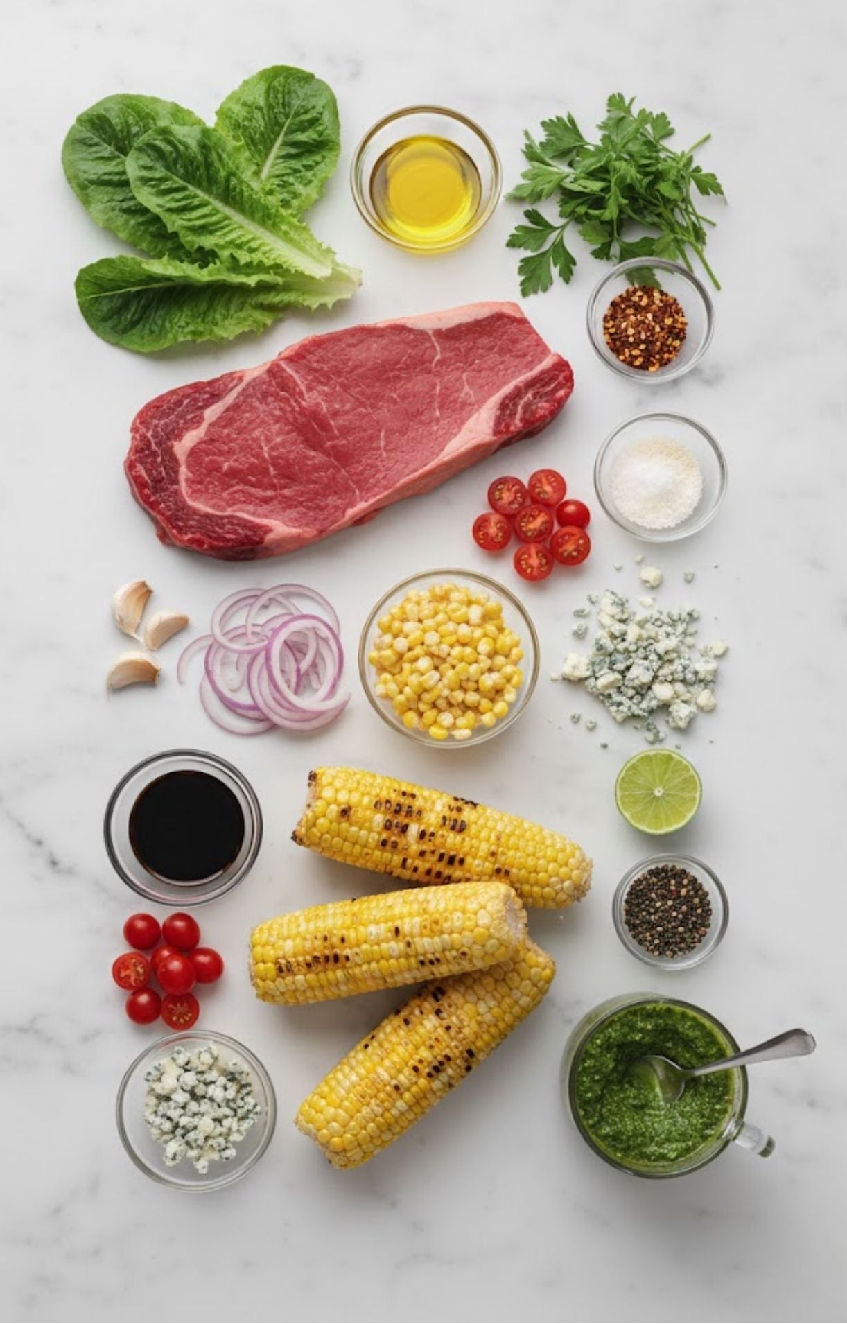 Overhead view of all the ingredients needed for grilled steak salad with chimichurri dressing, including fresh romaine lettuce, raw steak, grilled corn, cherry tomatoes, red onion, blue cheese, parsley, olive oil, lime, garlic, seasonings, and a bowl of chimichurri sauce on a marble surface.