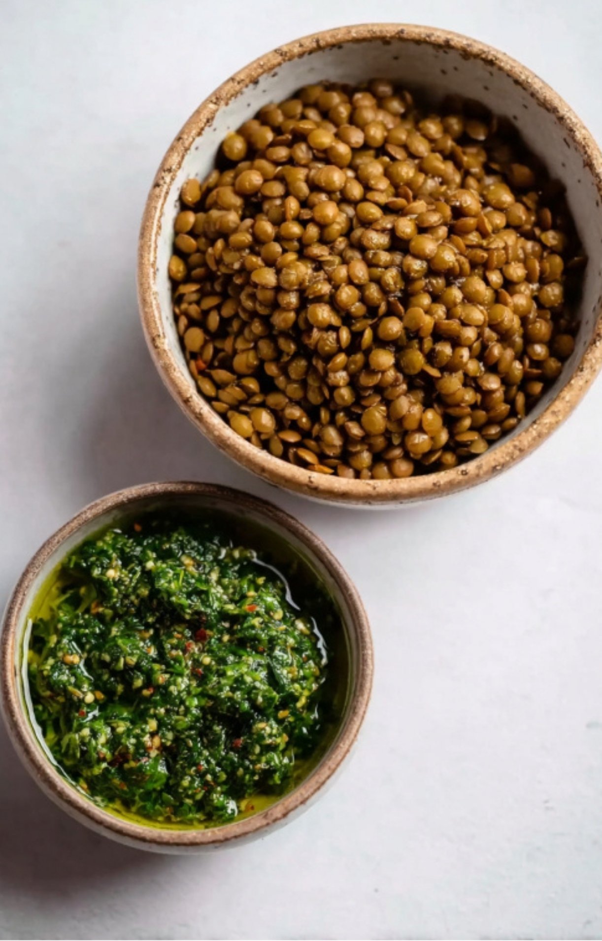Two small bowls, one filled with cooked green lentils and the other with fresh chimichurri sauce.