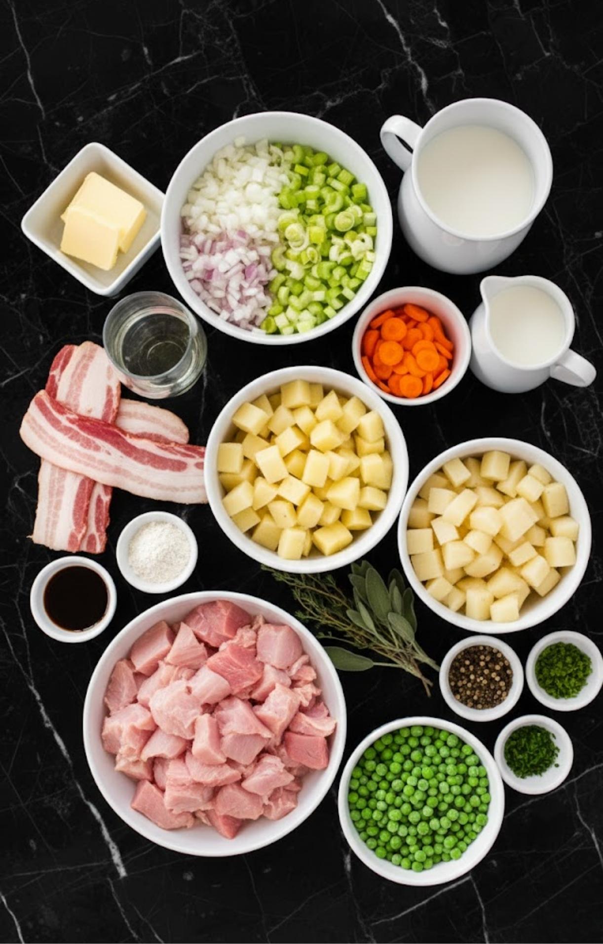 A top-down view of raw ingredients for Turkey Pot Pie Soup, including cubed turkey, diced potatoes, carrots, peas, onions, celery, bacon, butter, cream, and fresh herbs.