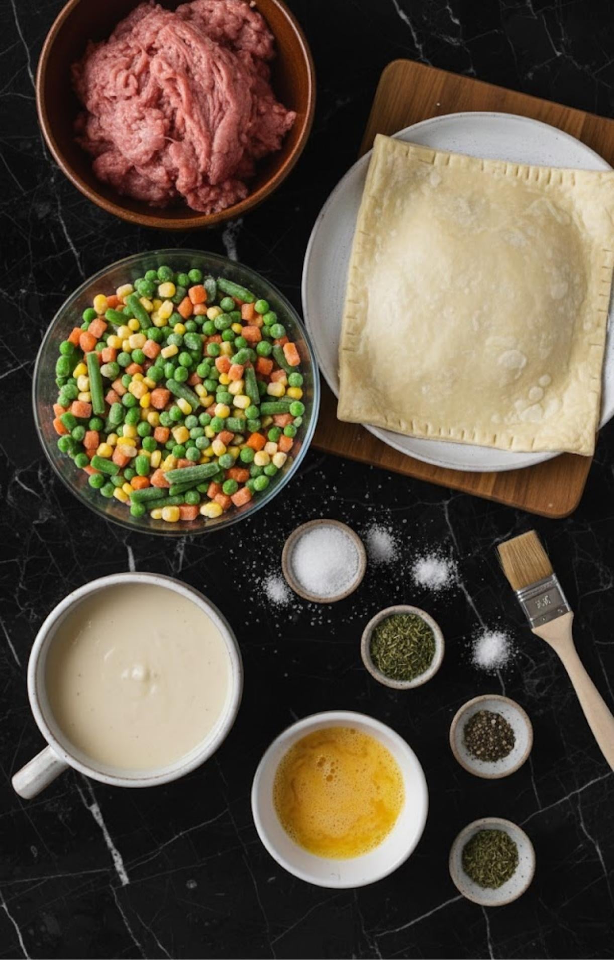 An overhead flat lay on a black marble surface showing ground turkey, frozen mixed vegetables, puff pastry, cream sauce, egg wash, and various spices in small bowls.