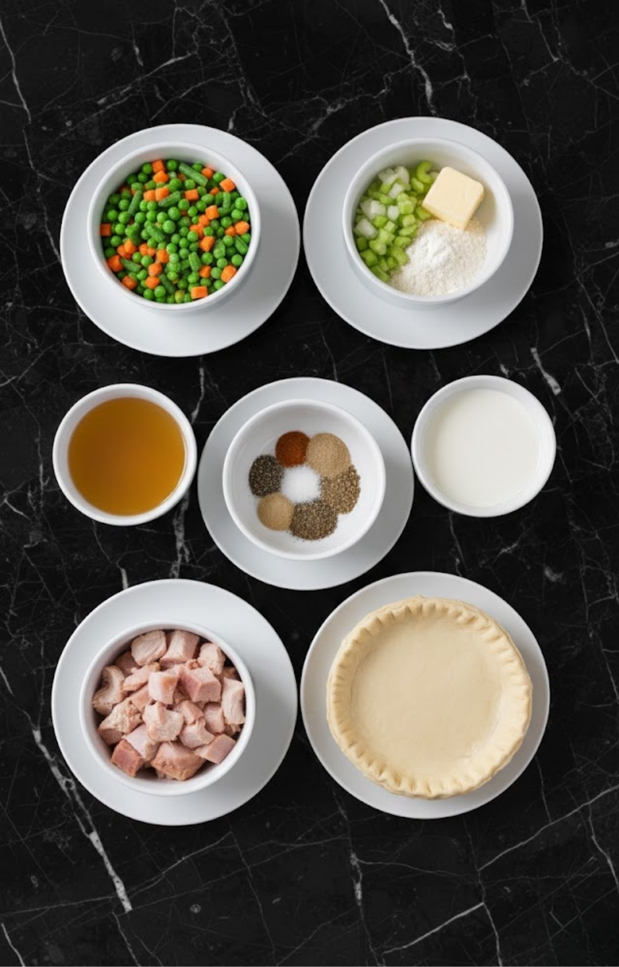 Miseen place for Dad’s Turkey Pot Pie featuring turkey chunks, mixed vegetables, broth, cream, spices, and a raw pie crust.