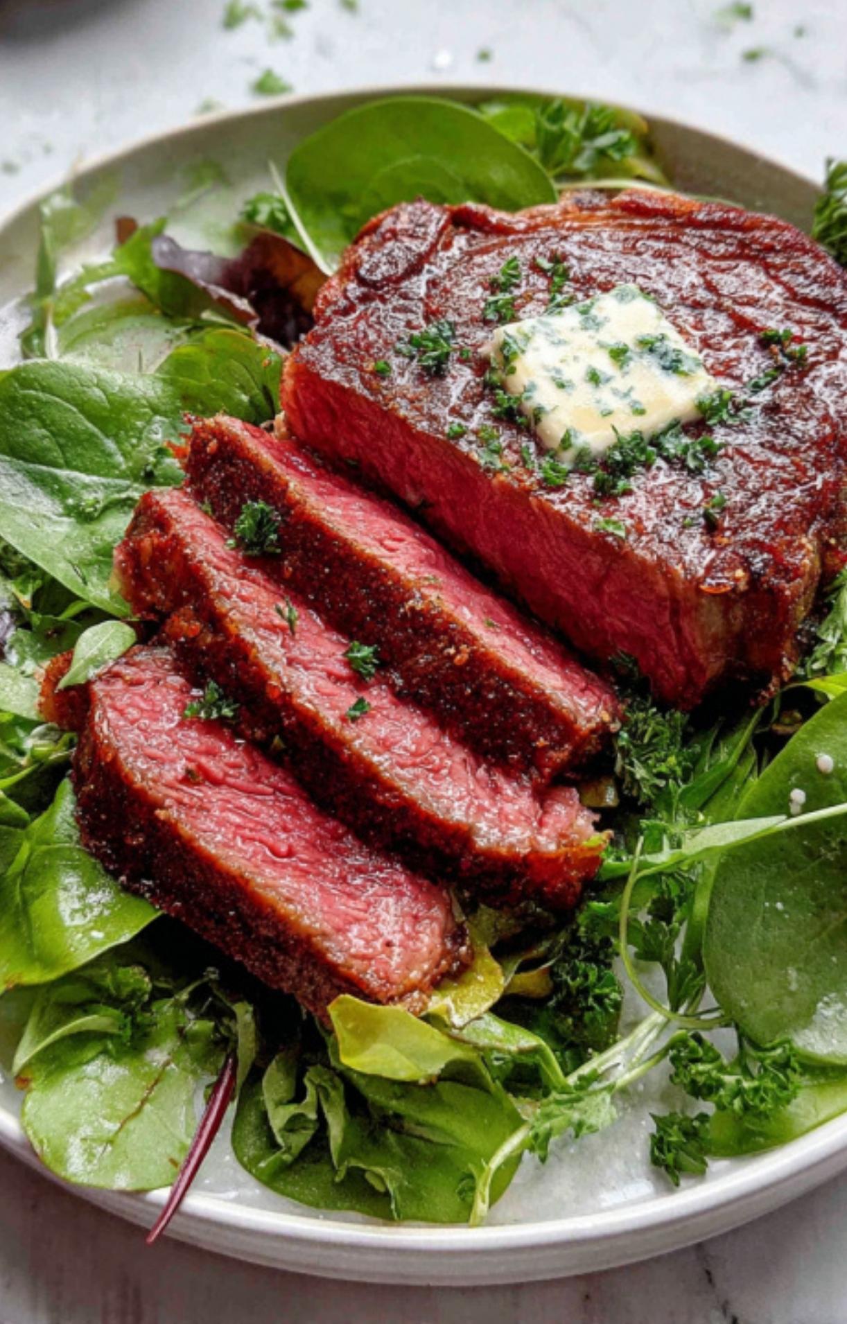 A vibrant presentation of sliced air fryer rib eye served over a bed of fresh green leafy salad.