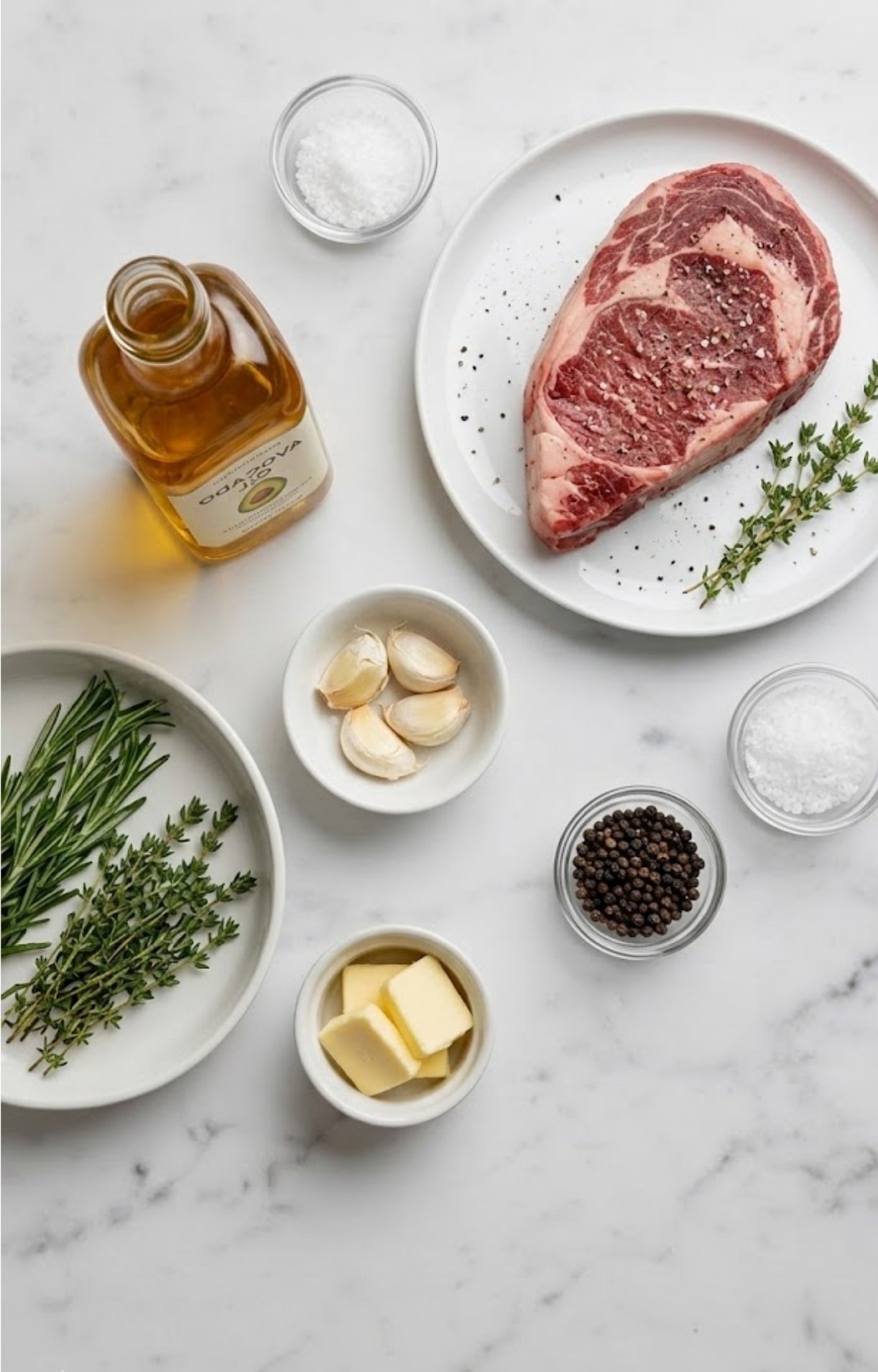 A top-down view of a raw rib eye steak, avocado oil, garlic cloves, butter, fresh rosemary, thyme, salt, and peppercorns arranged on a white marble surface.