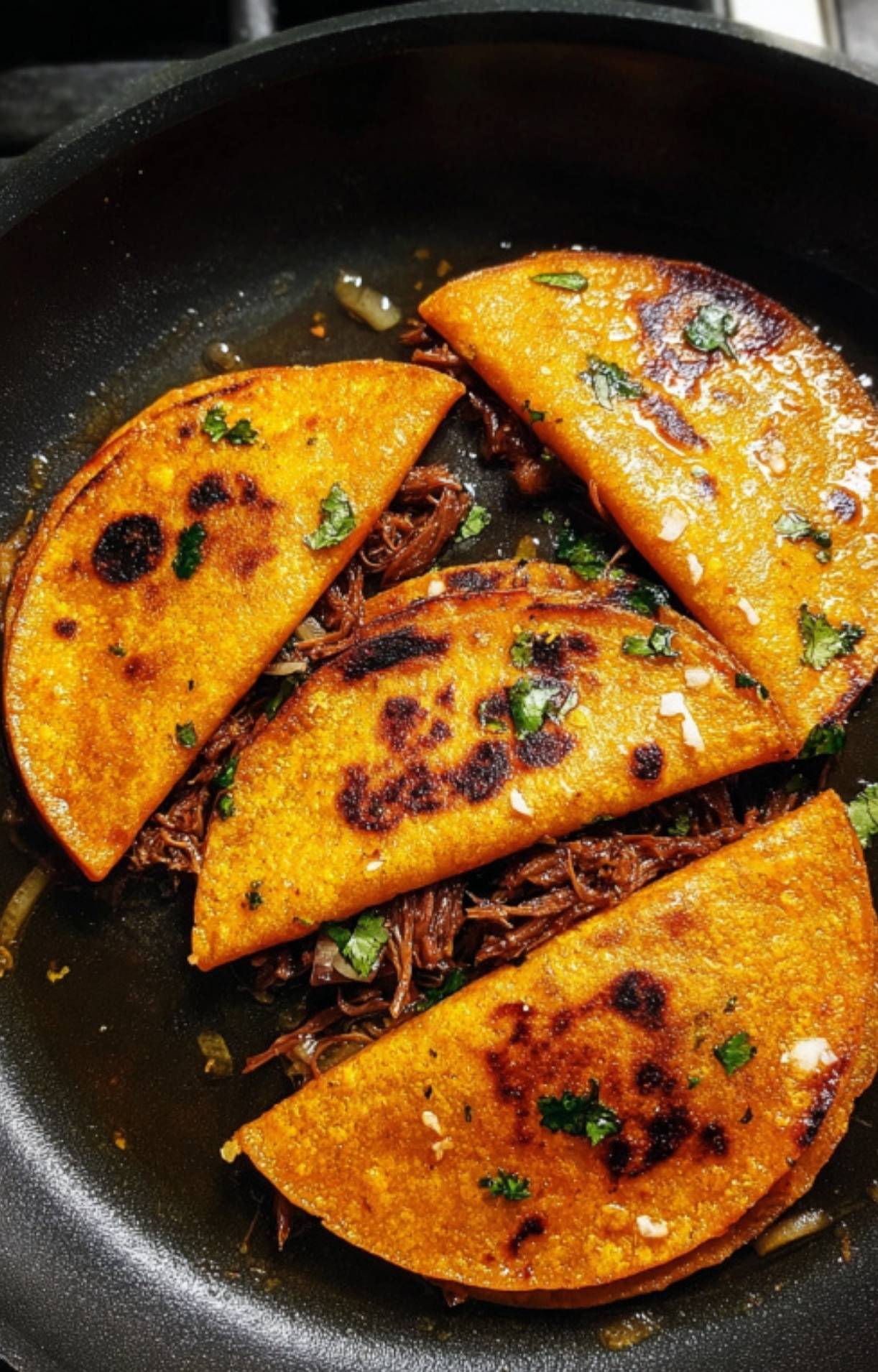 Four folded birria tacos browning in a black skillet, showing their crispy, chili-infused golden shells.