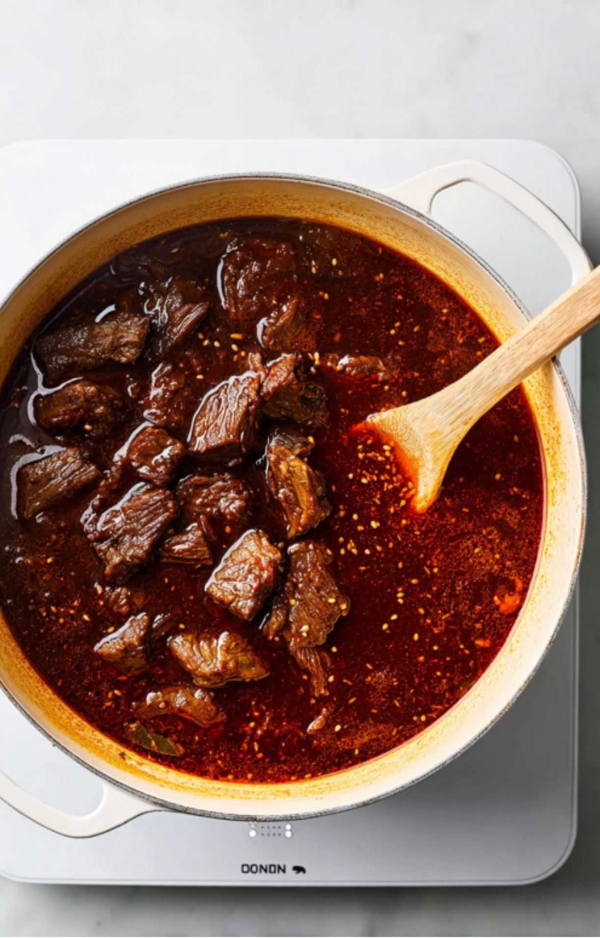 Beef chunks submerged in the deep red chili broth, simmering slowly in a large white pot.