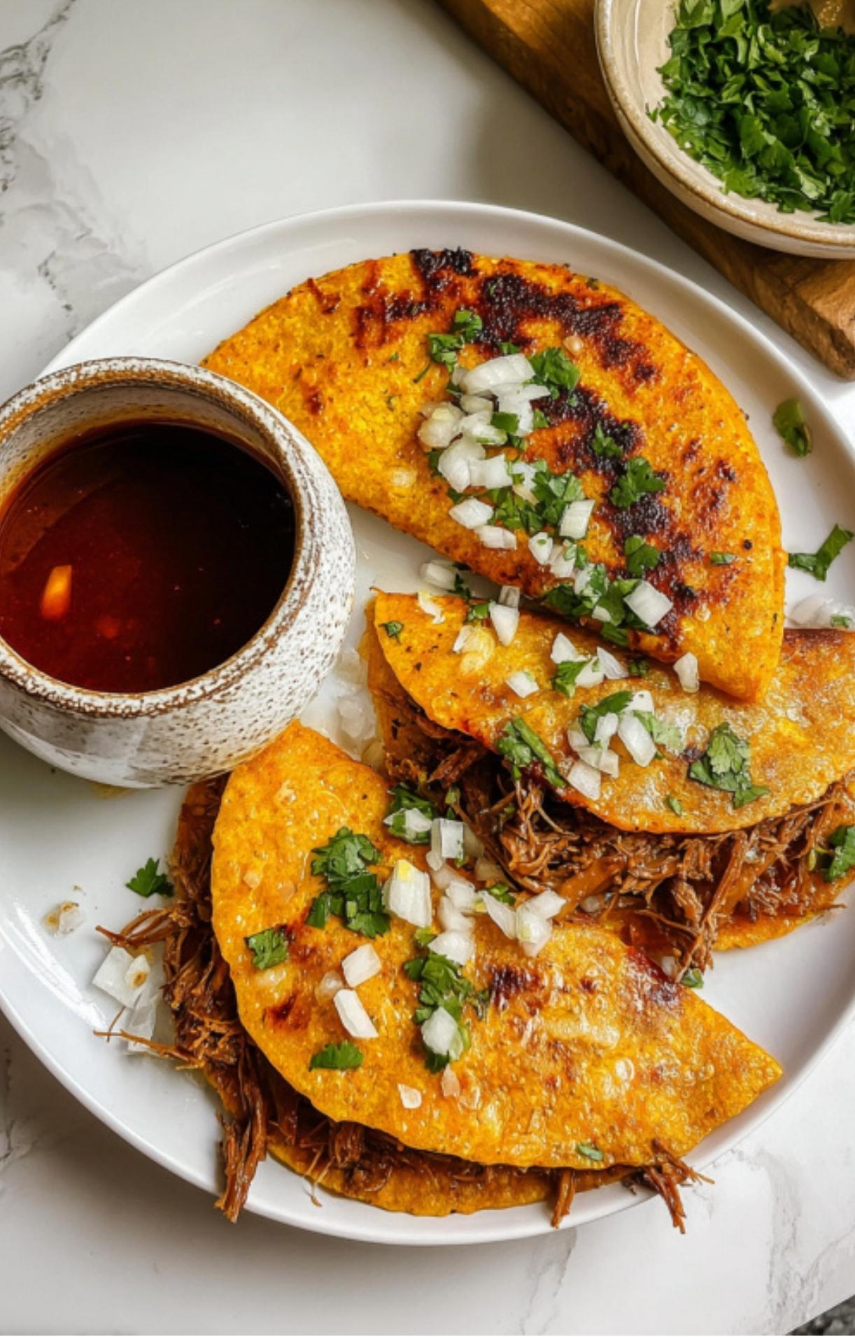 Three folded Crockpot Birria Tacos topped with white onions and cilantro served on a white plate with a side of dipping sauce.